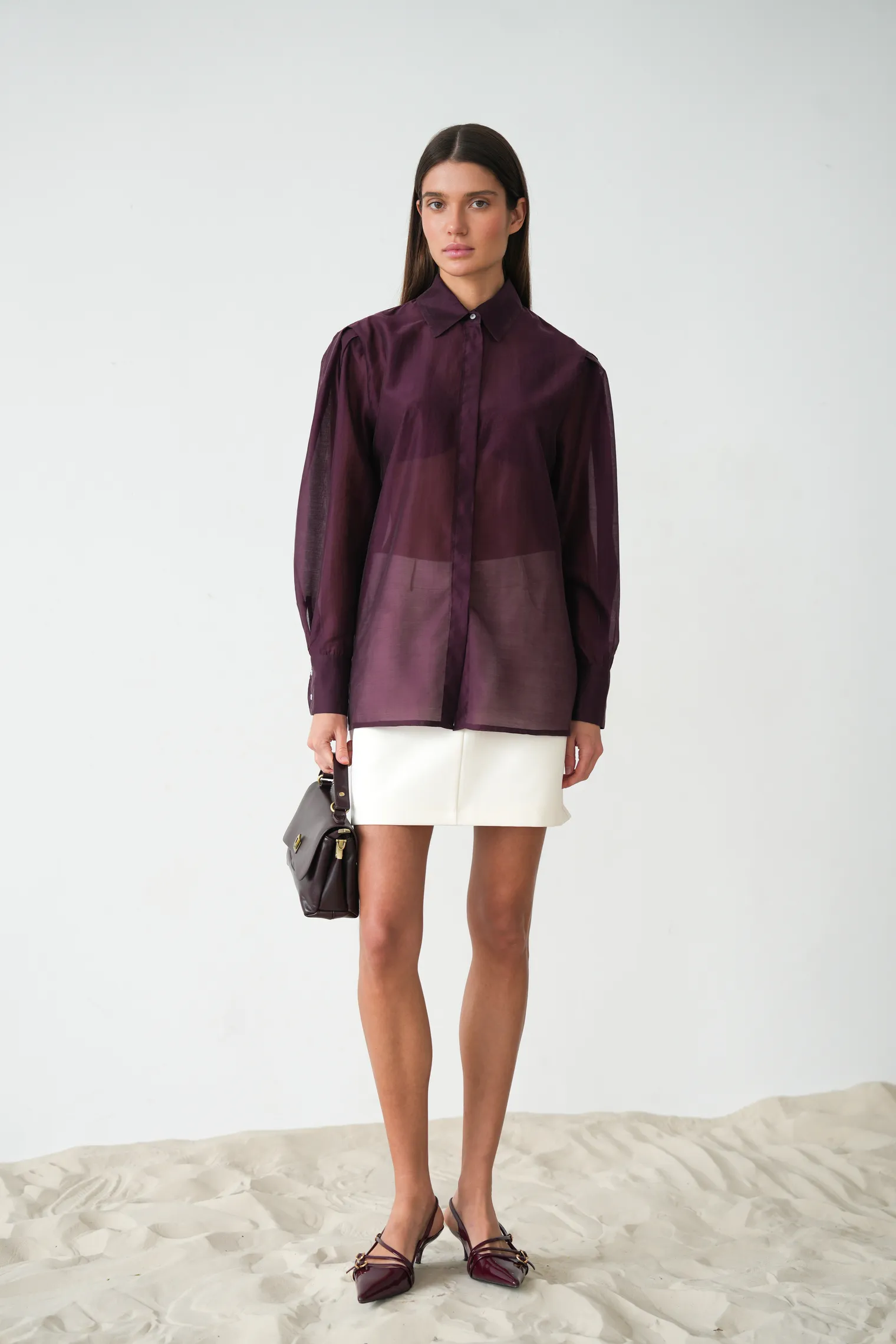 Рубашка из прозрачной ткани цвета бургундия фото 5
