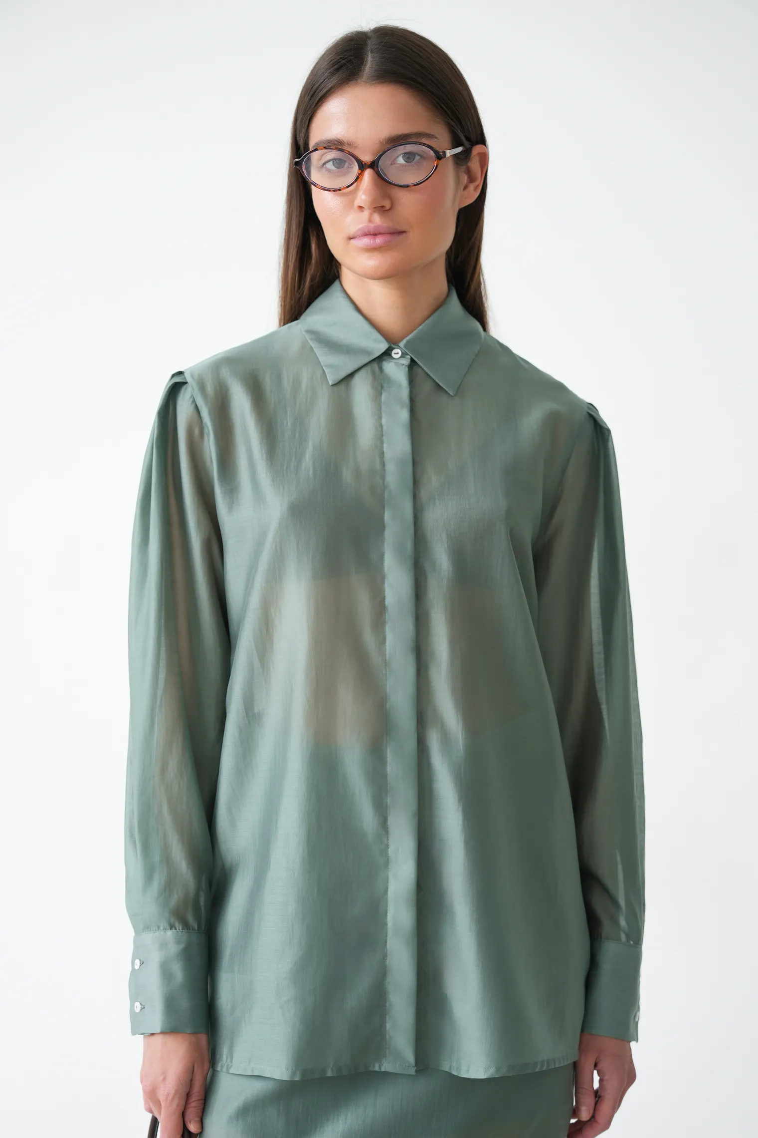 Рубашка из прозрачной ткани в цвете голубая ель фото 6