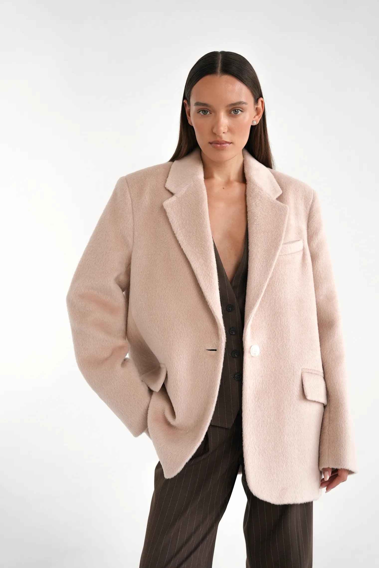 Однобортное пальто-жакет из шерсти молочного цвета фото 4