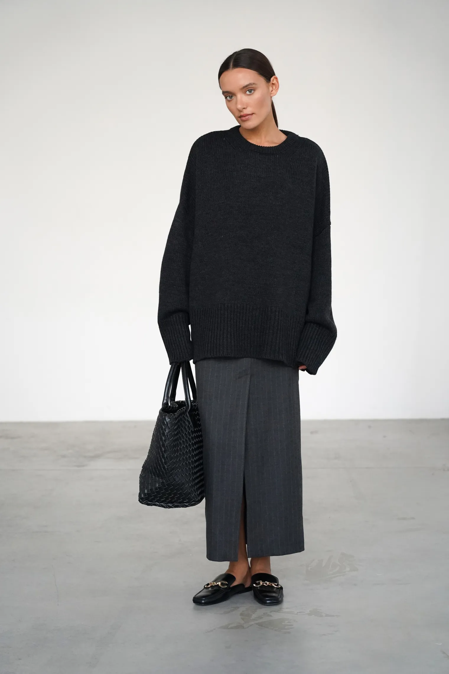 Юбка макси из шерсти в полоску графитового цвета фото 3