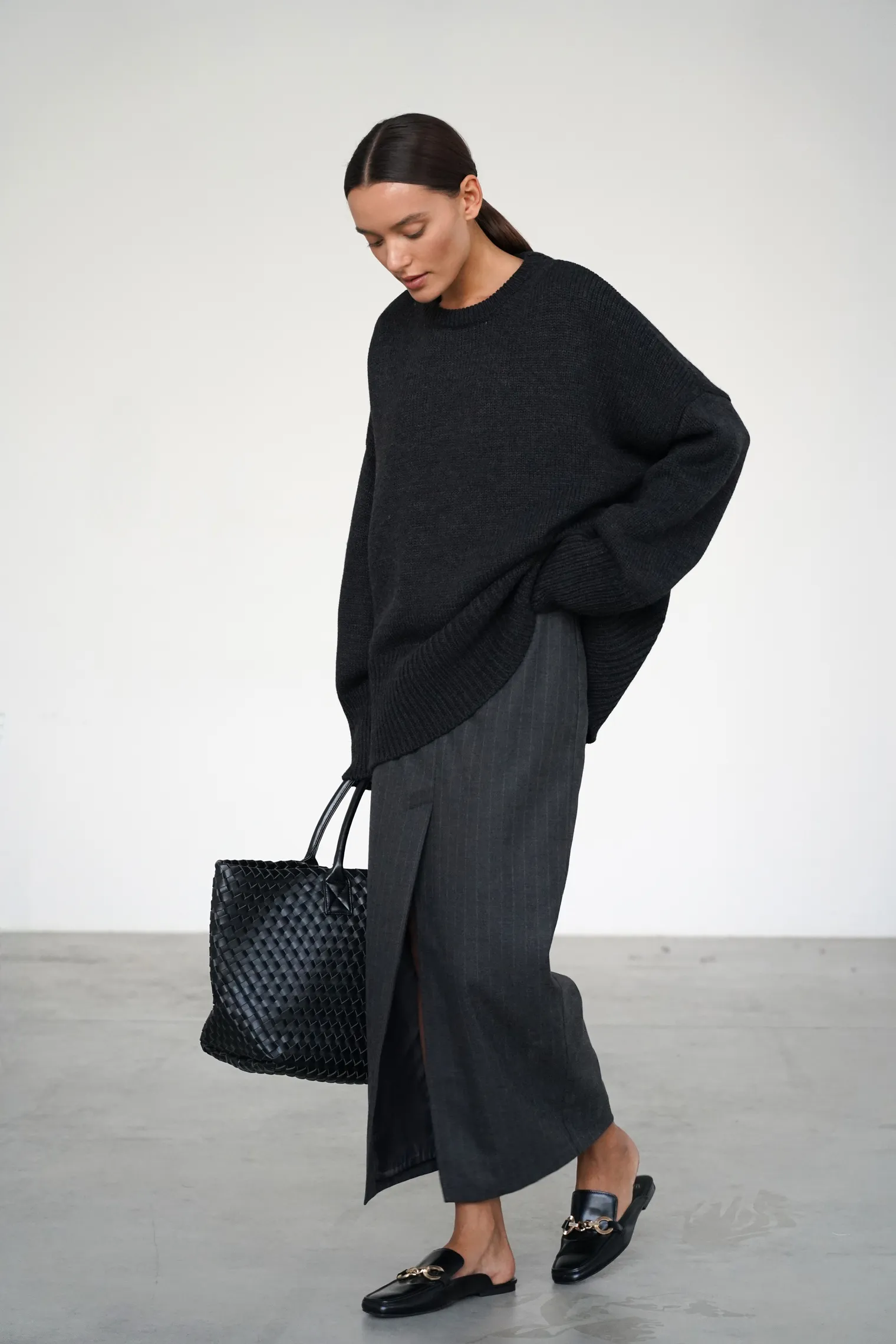 Юбка макси из шерсти в полоску графитового цвета фото 1