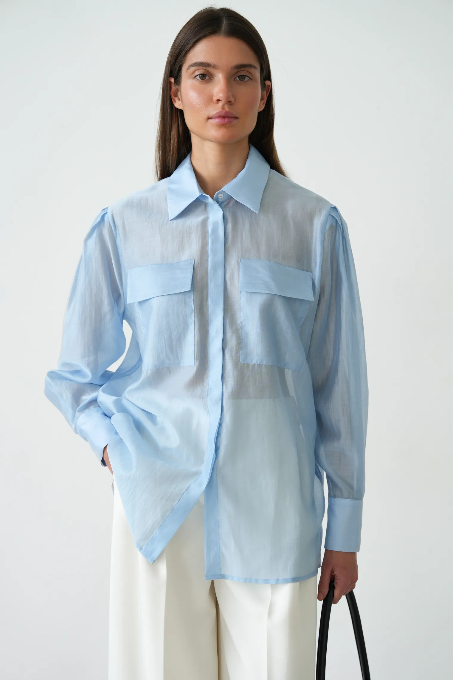 Рубашка из прозрачной ткани небесно-голубого цвета фото 1