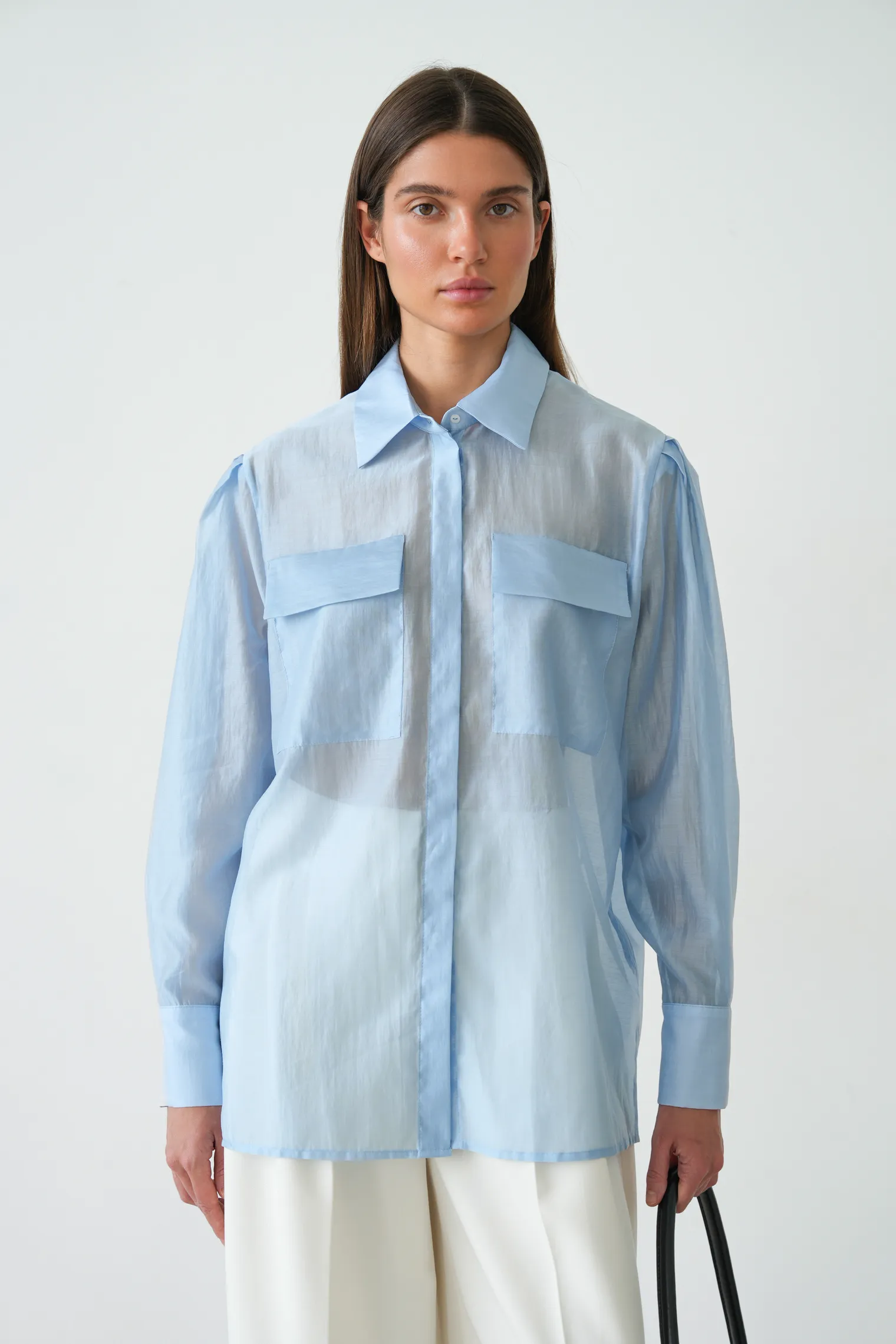 Рубашка из прозрачной ткани небесно-голубого цвета фото 7
