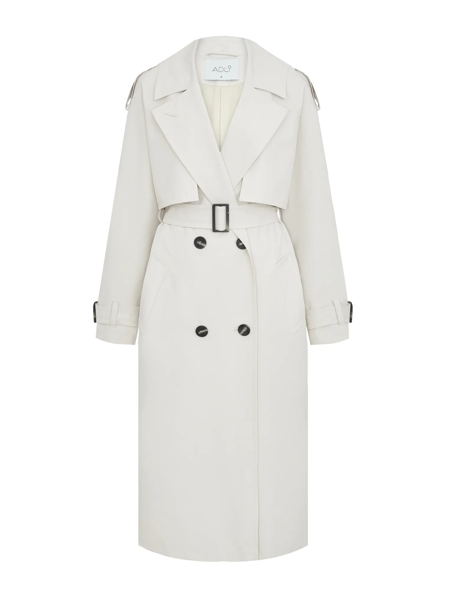 Тренч двубортный с поясом и рукавом реглан цвета тофу фото 11