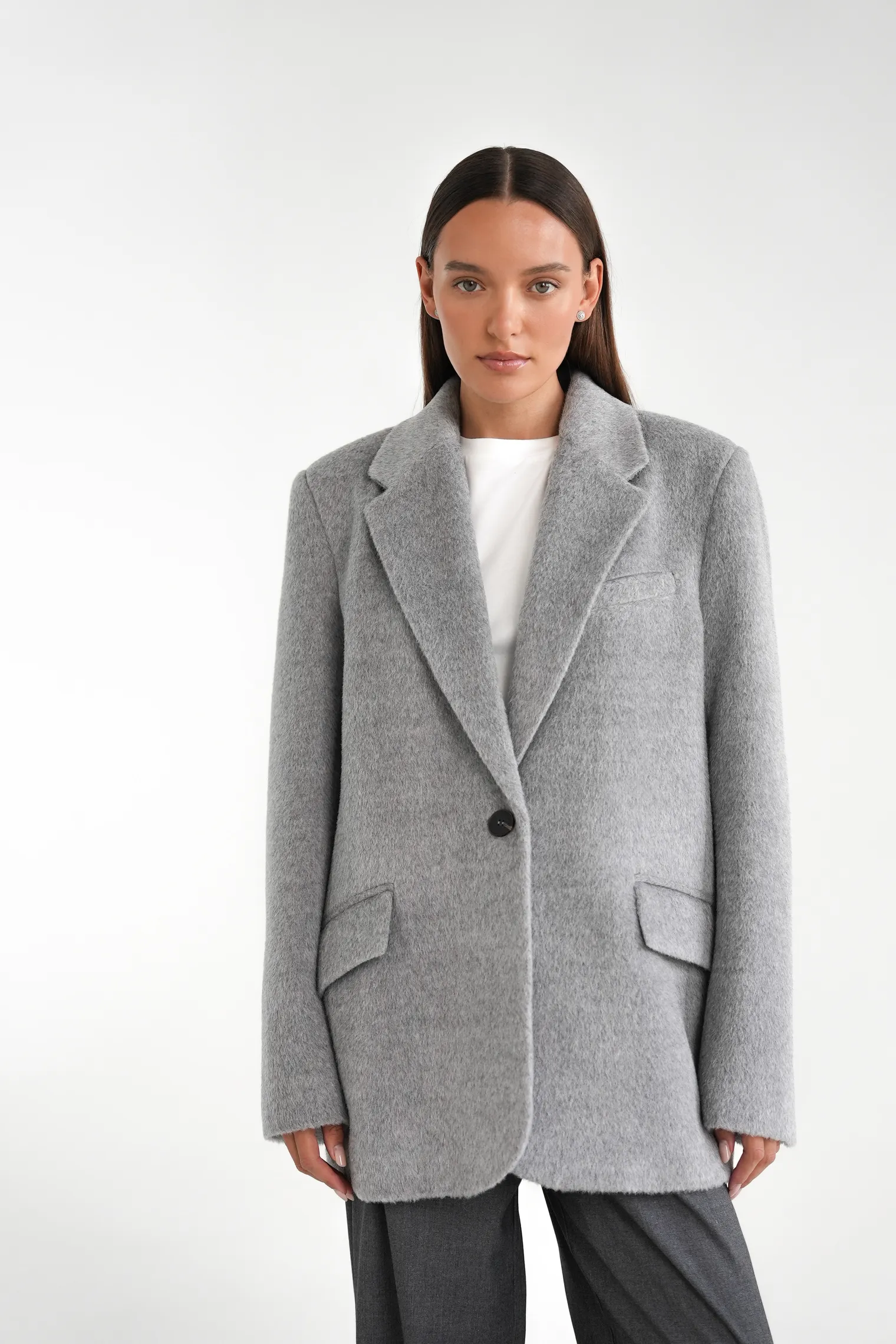Однобортное пальто-жакет из шерсти пепельного цвета фото 5
