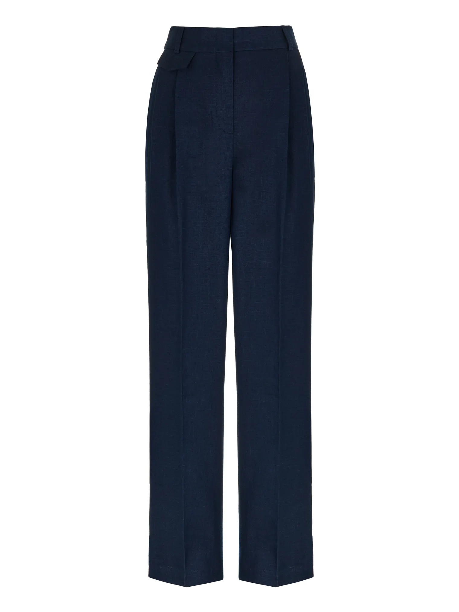 Брюки прямого кроя со складками изо льна тёмно-синего цвета фото 8