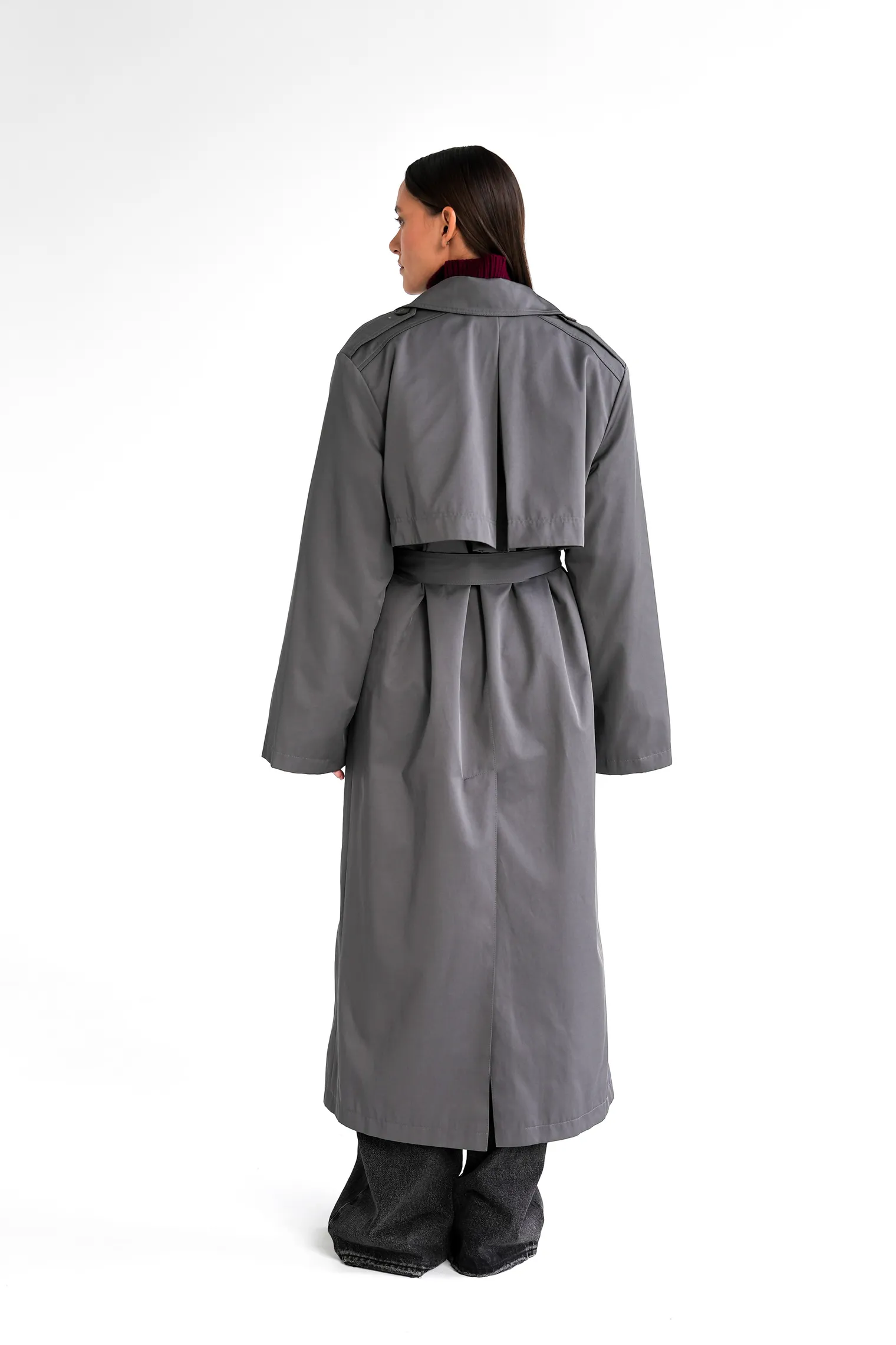 Тренч двубортный с поясом графитового цвета фото 1