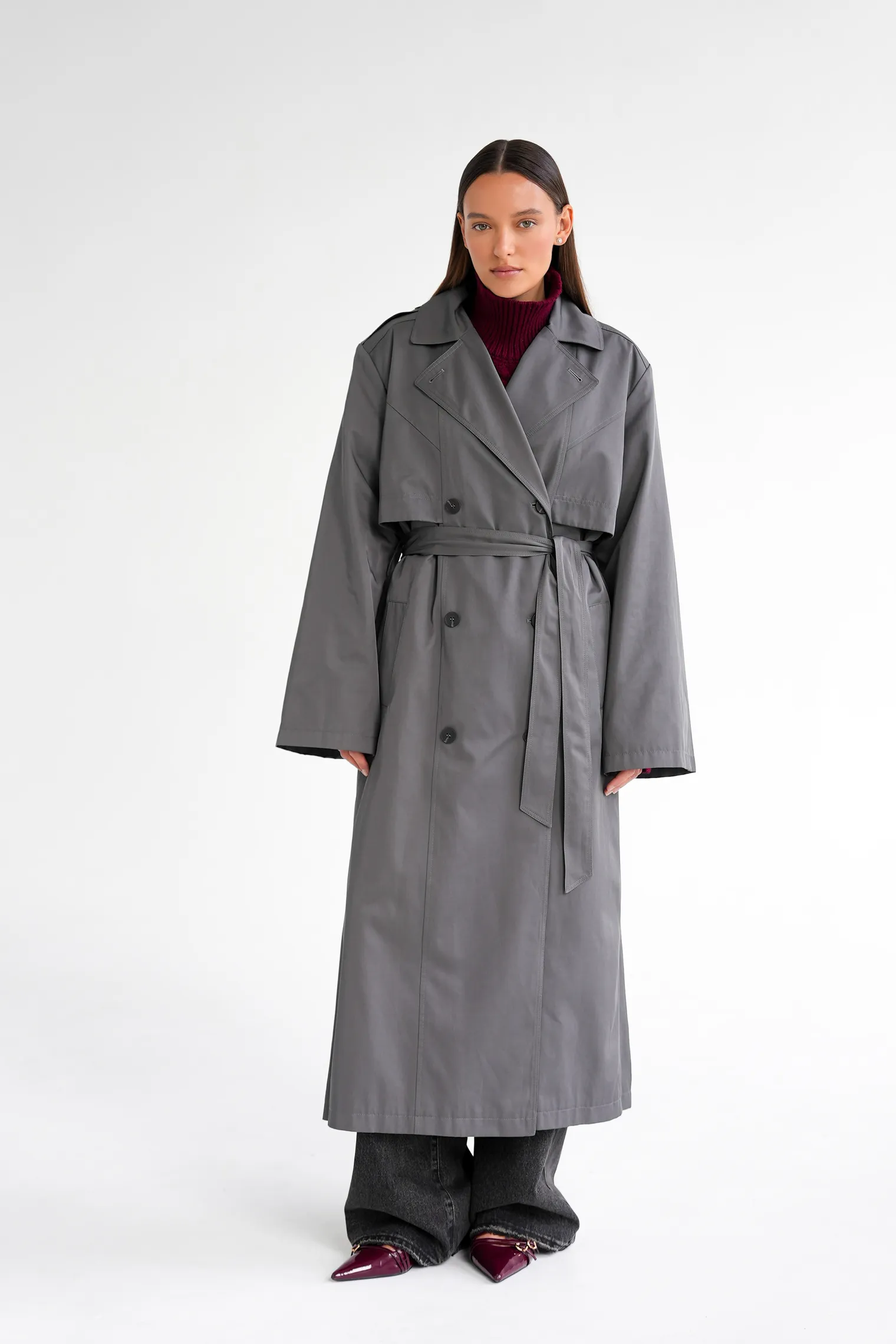 Тренч двубортный с поясом графитового цвета фото 5
