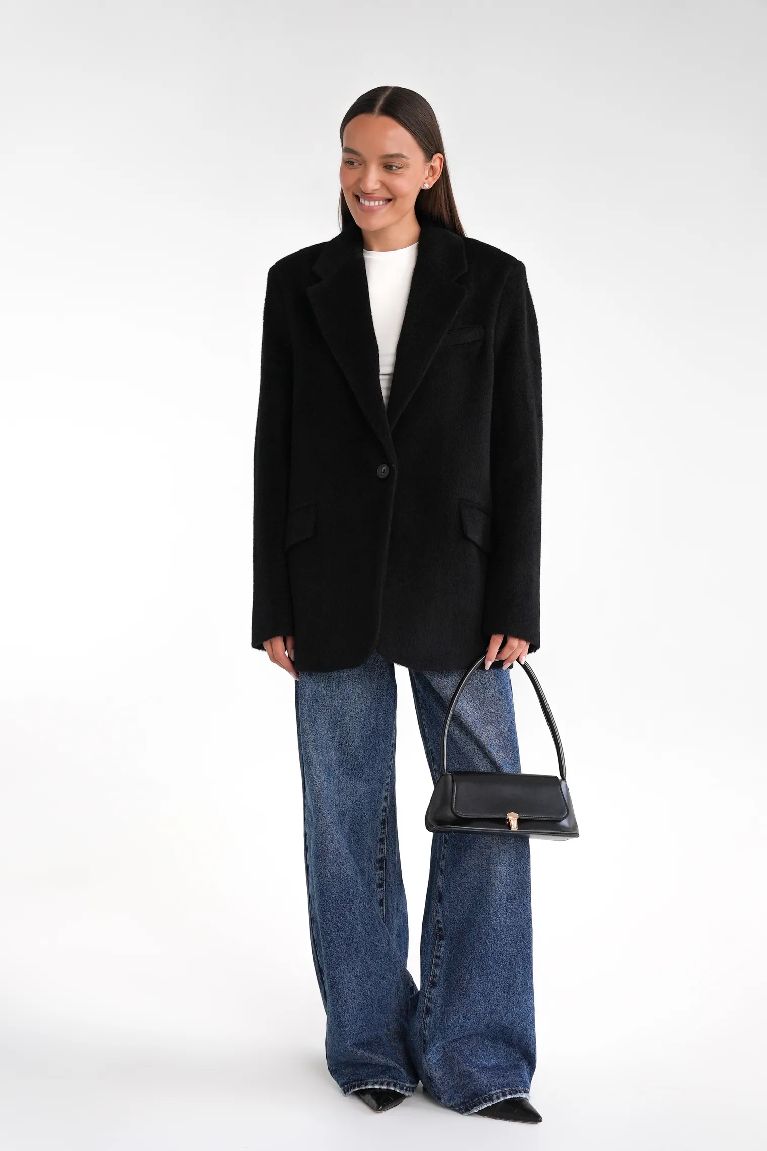 Однобортное пальто-жакет из шерсти чёрного цвета фото 3