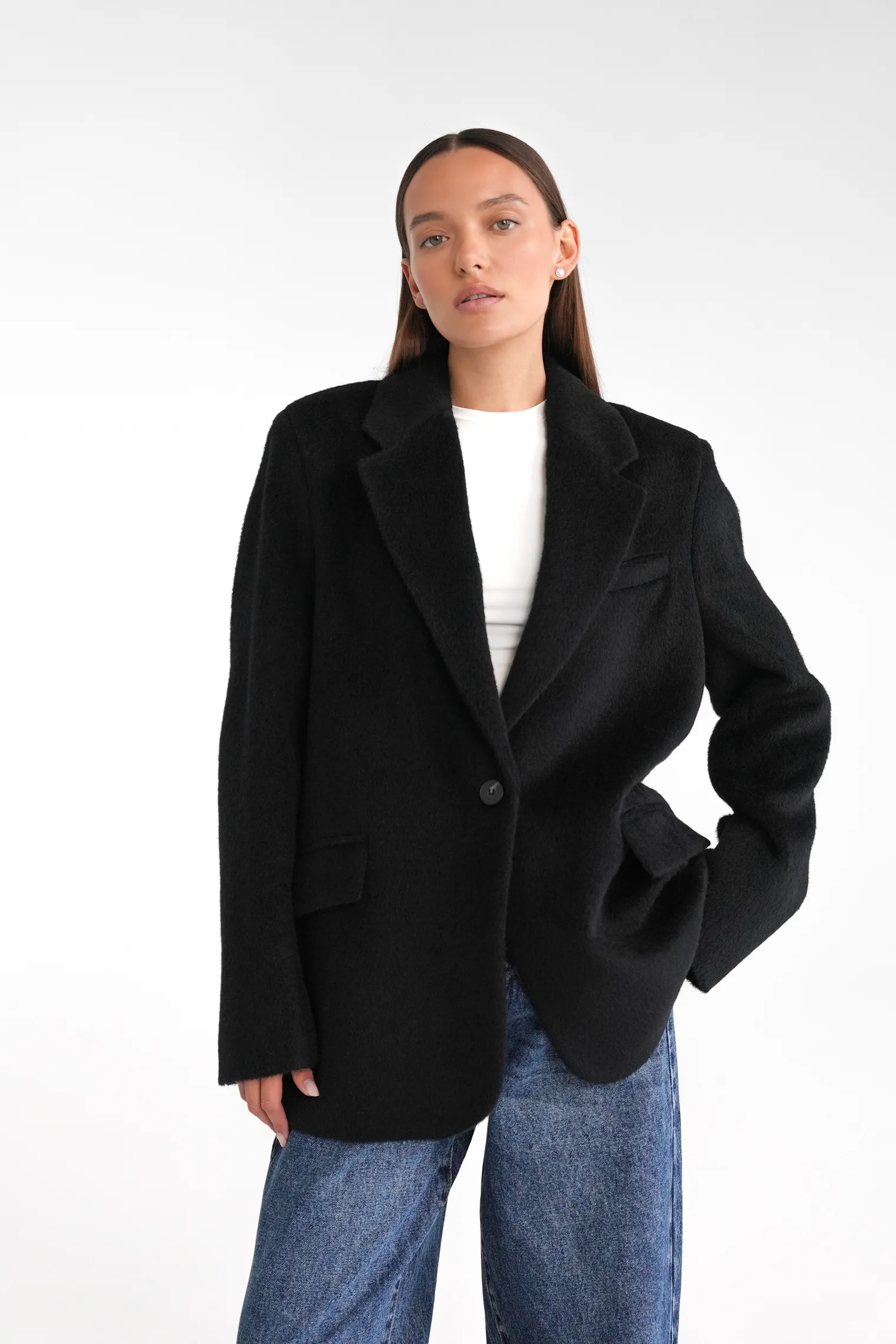 Однобортное пальто-жакет из шерсти чёрного цвета фото 1