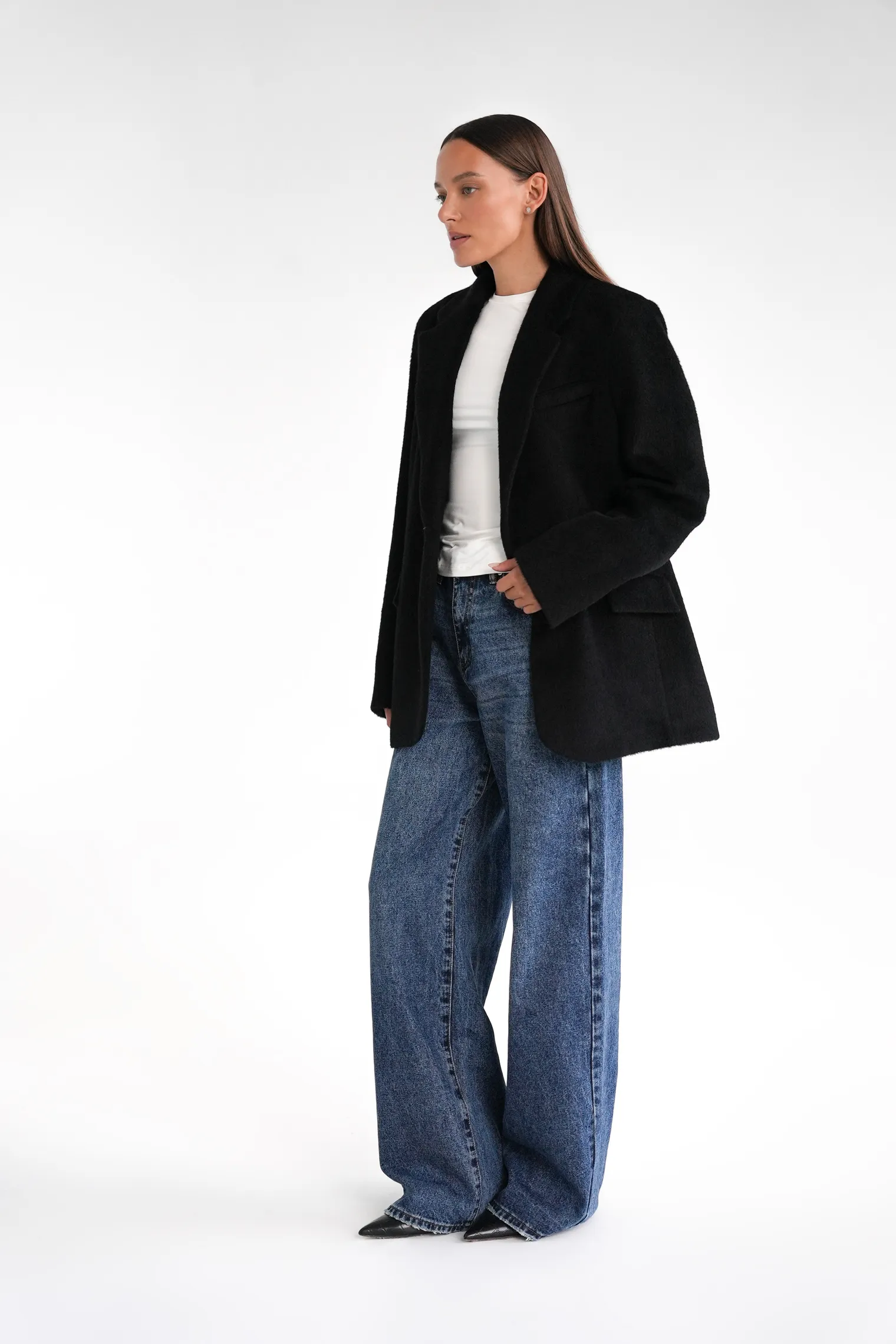 Однобортное пальто-жакет из шерсти чёрного цвета фото 6