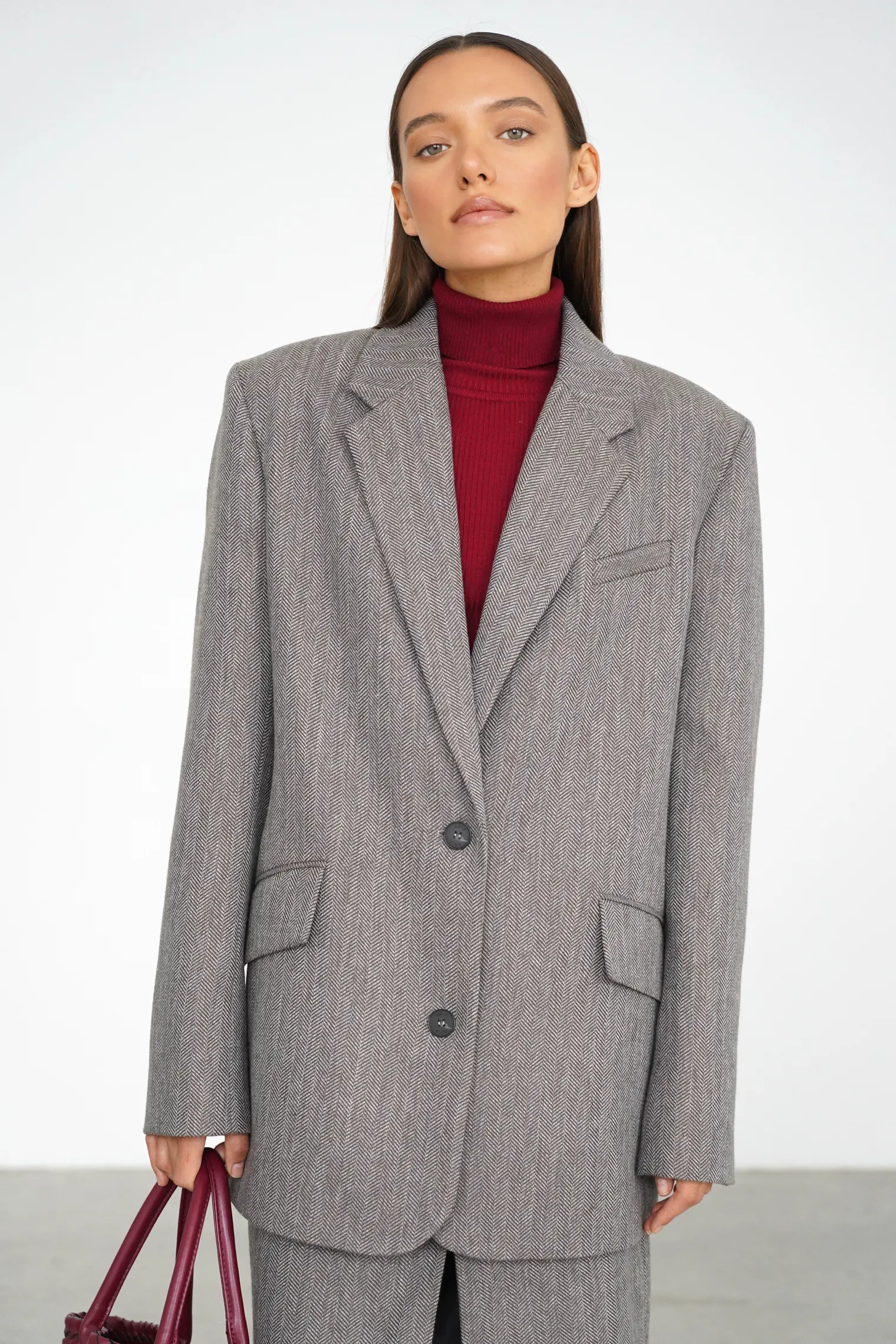 Однобортный жакет свободного кроя с карманами цвета коричневый/серый в ёлочку фото 5