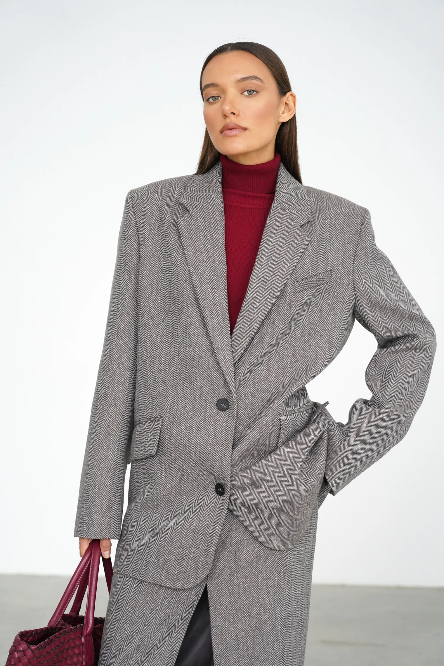 Однобортный жакет свободного кроя с карманами цвета коричневый/серый в ёлочку фото 7