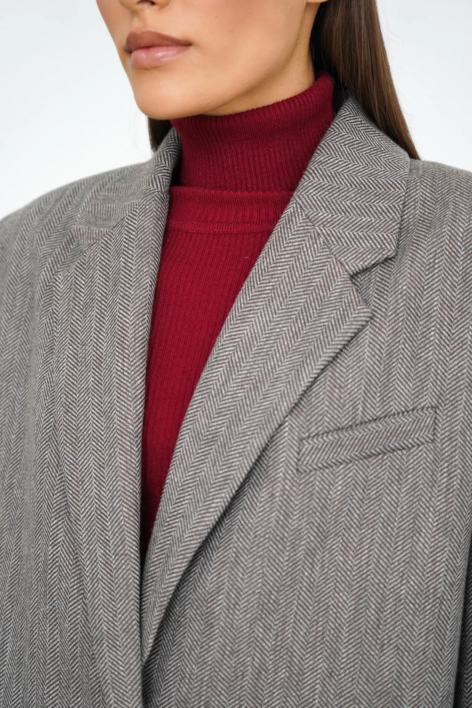 Однобортный жакет свободного кроя с карманами цвета коричневый/серый в ёлочку фото 6