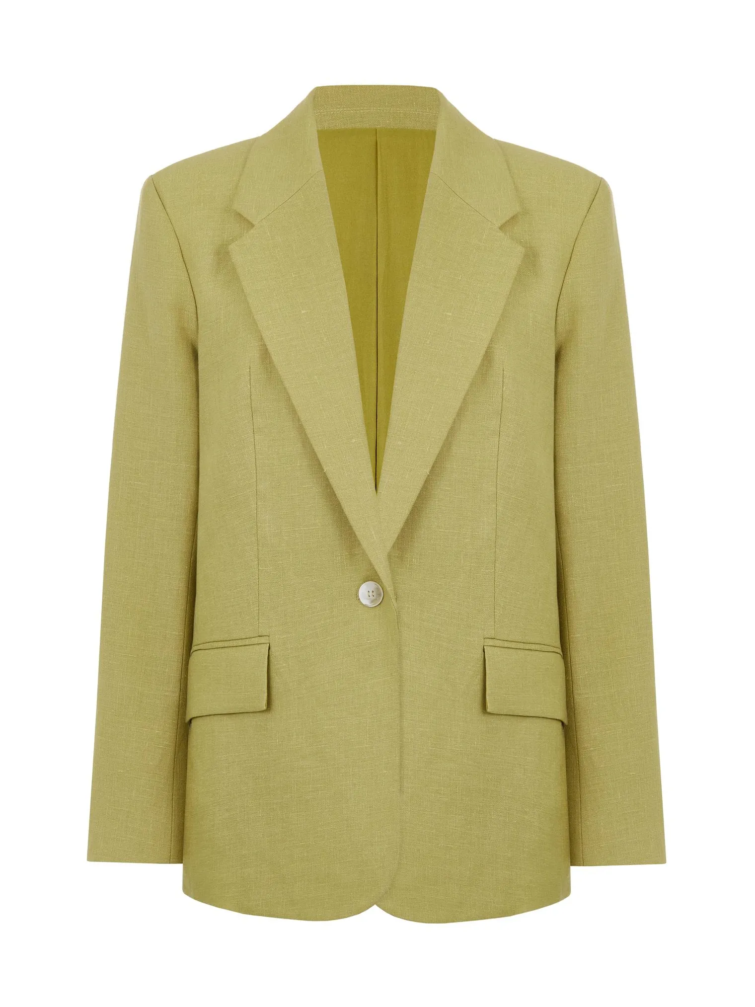 Однобортный жакет свободного кроя изо льна оливкового цвета фото 8