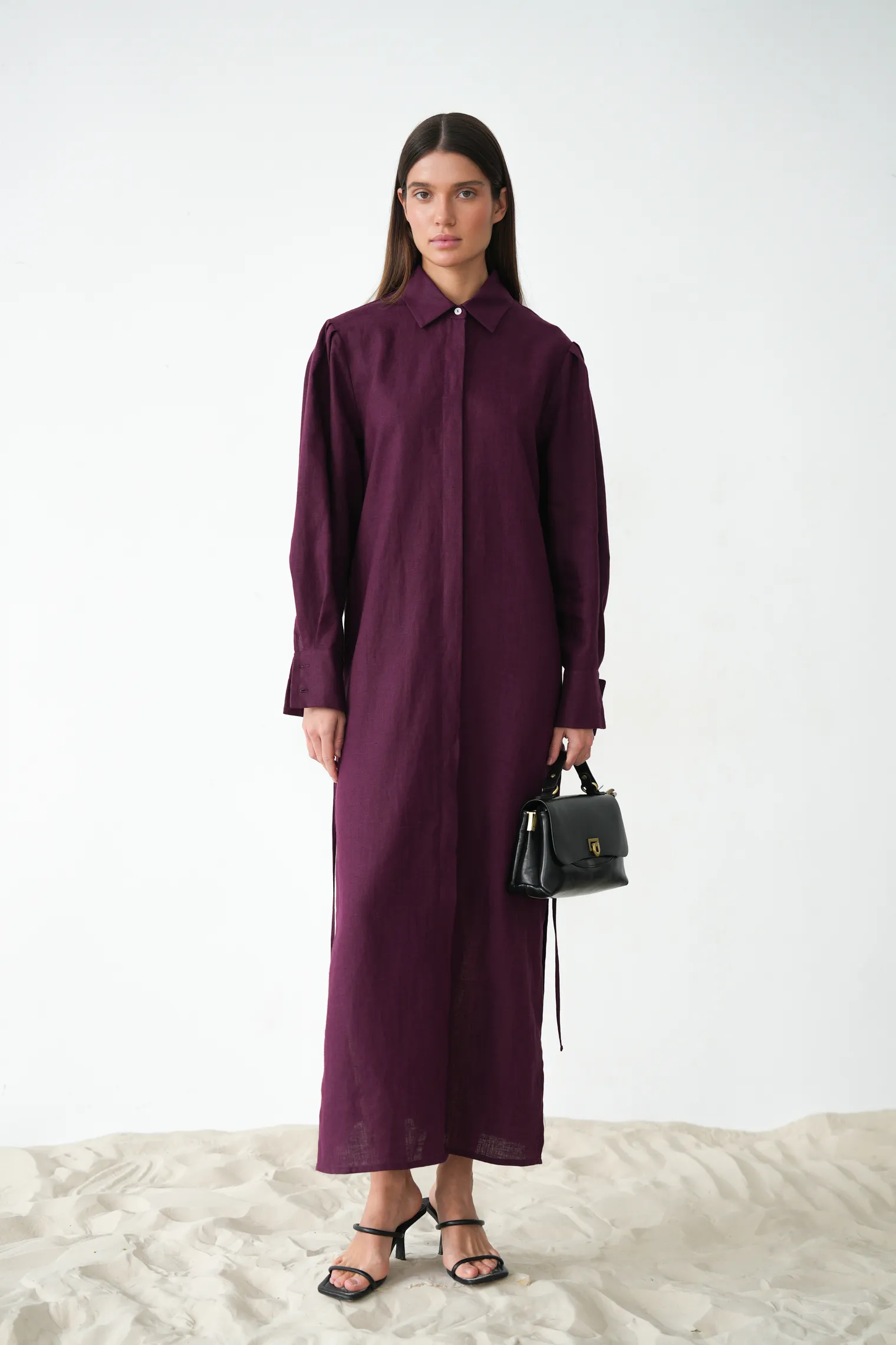 Платье-рубашка изо льна цвета инжир фото 3