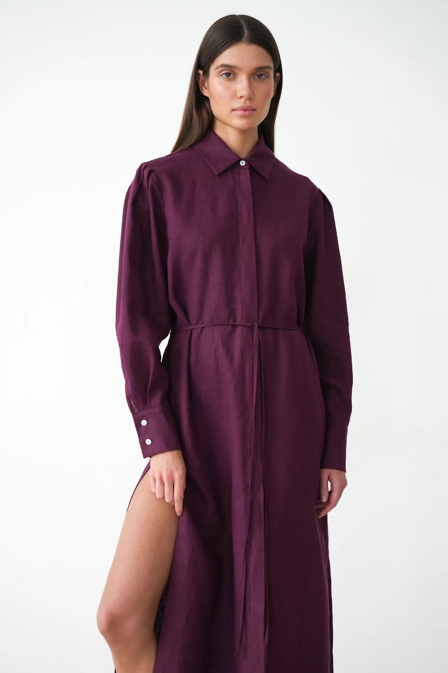 Платье-рубашка изо льна цвета инжир фото 5