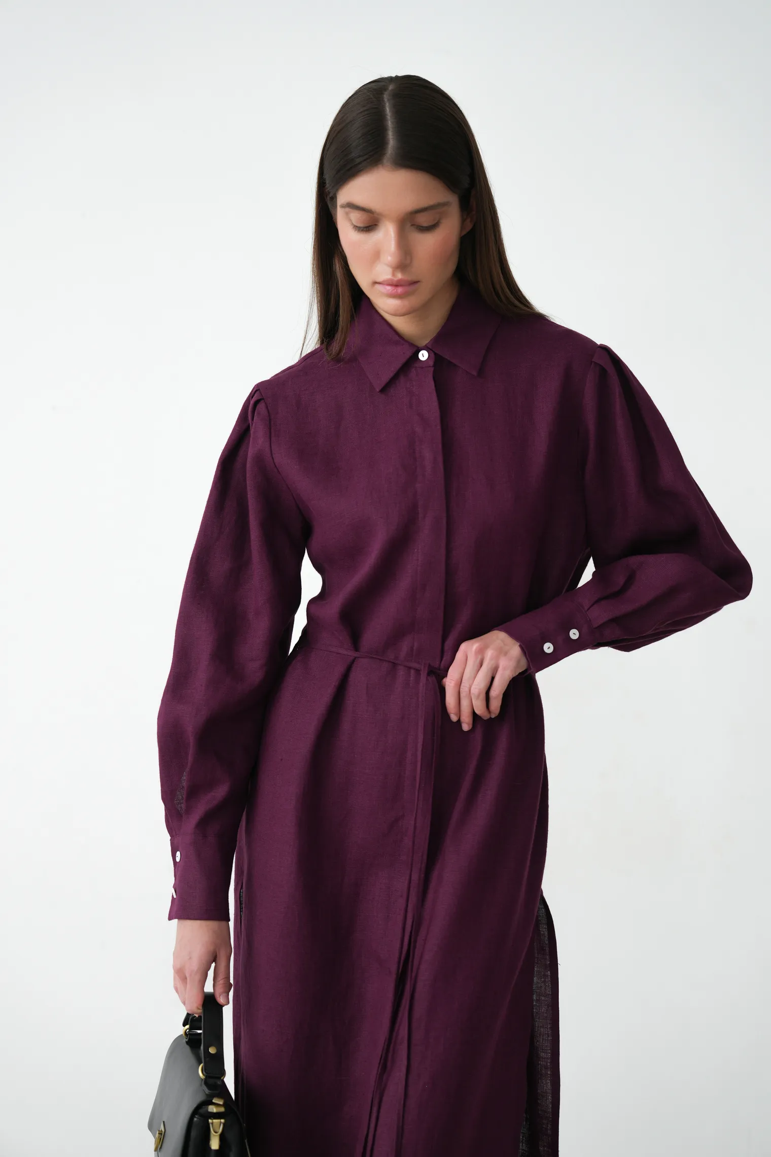 Платье-рубашка изо льна цвета инжир фото 1