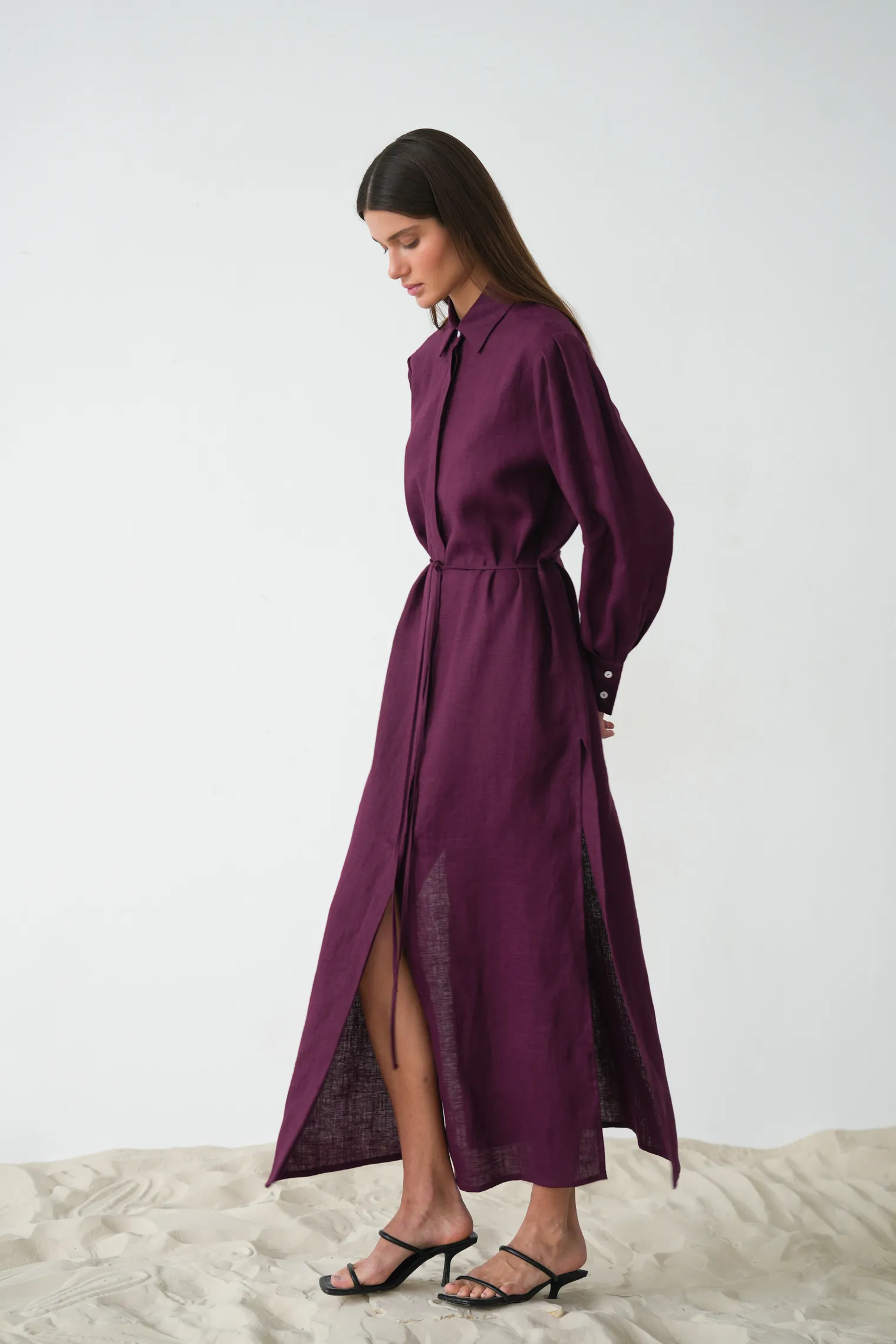 Платье-рубашка изо льна цвета инжир фото 6