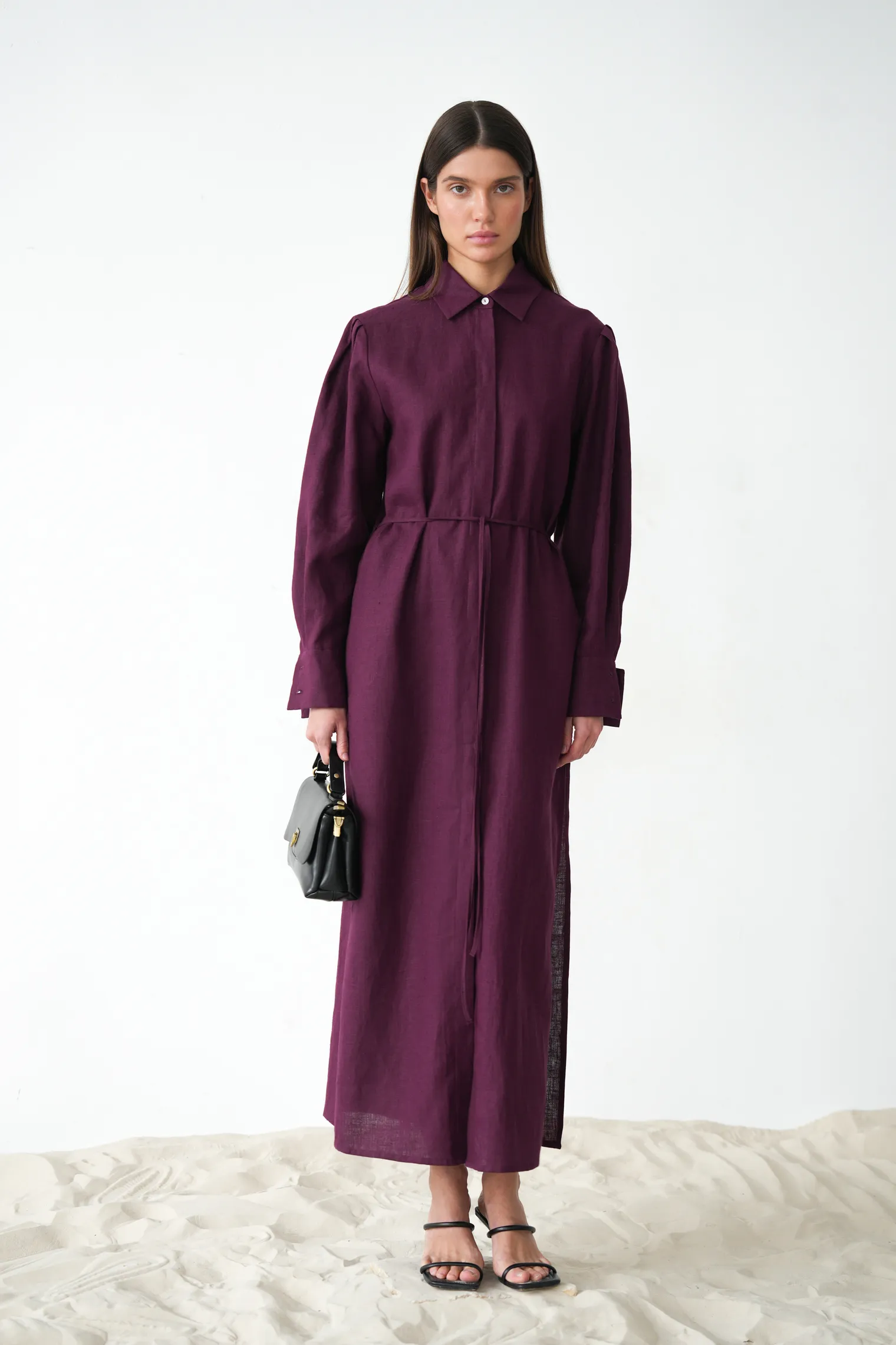 Платье-рубашка изо льна цвета инжир фото 7