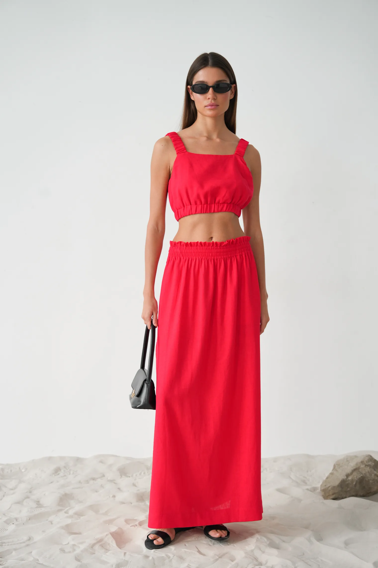 Юбка широкого кроя с разрезами красного цвета фото 7