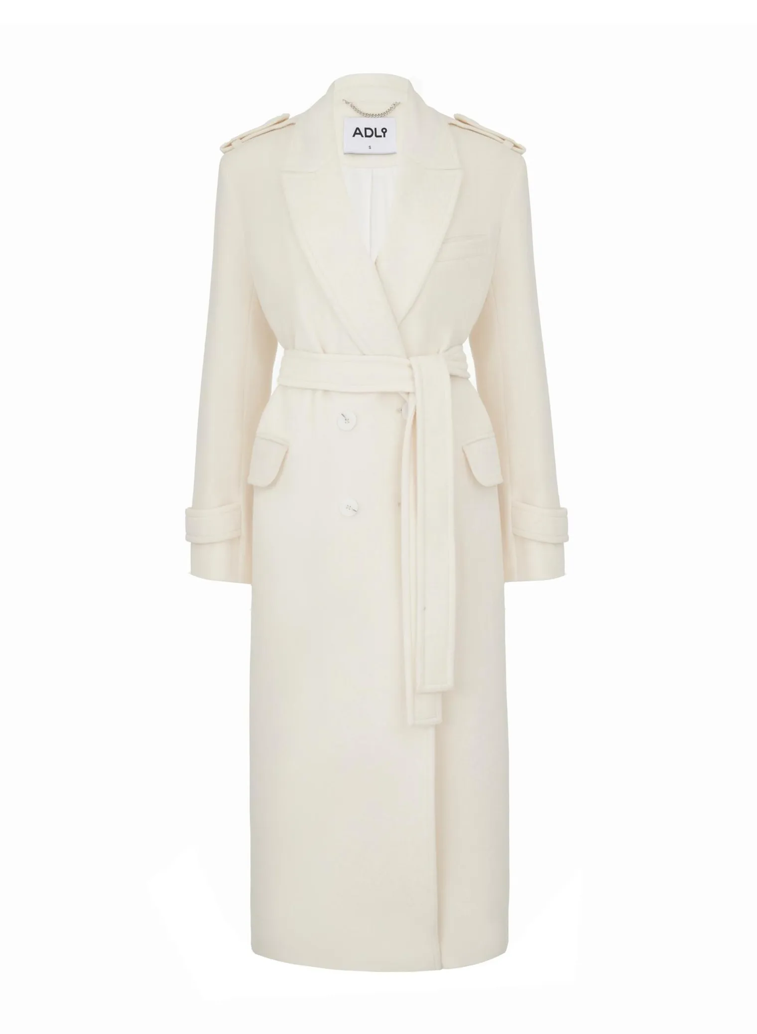 Пальто двубортное с патами на рукавах цвета тофу фото 9