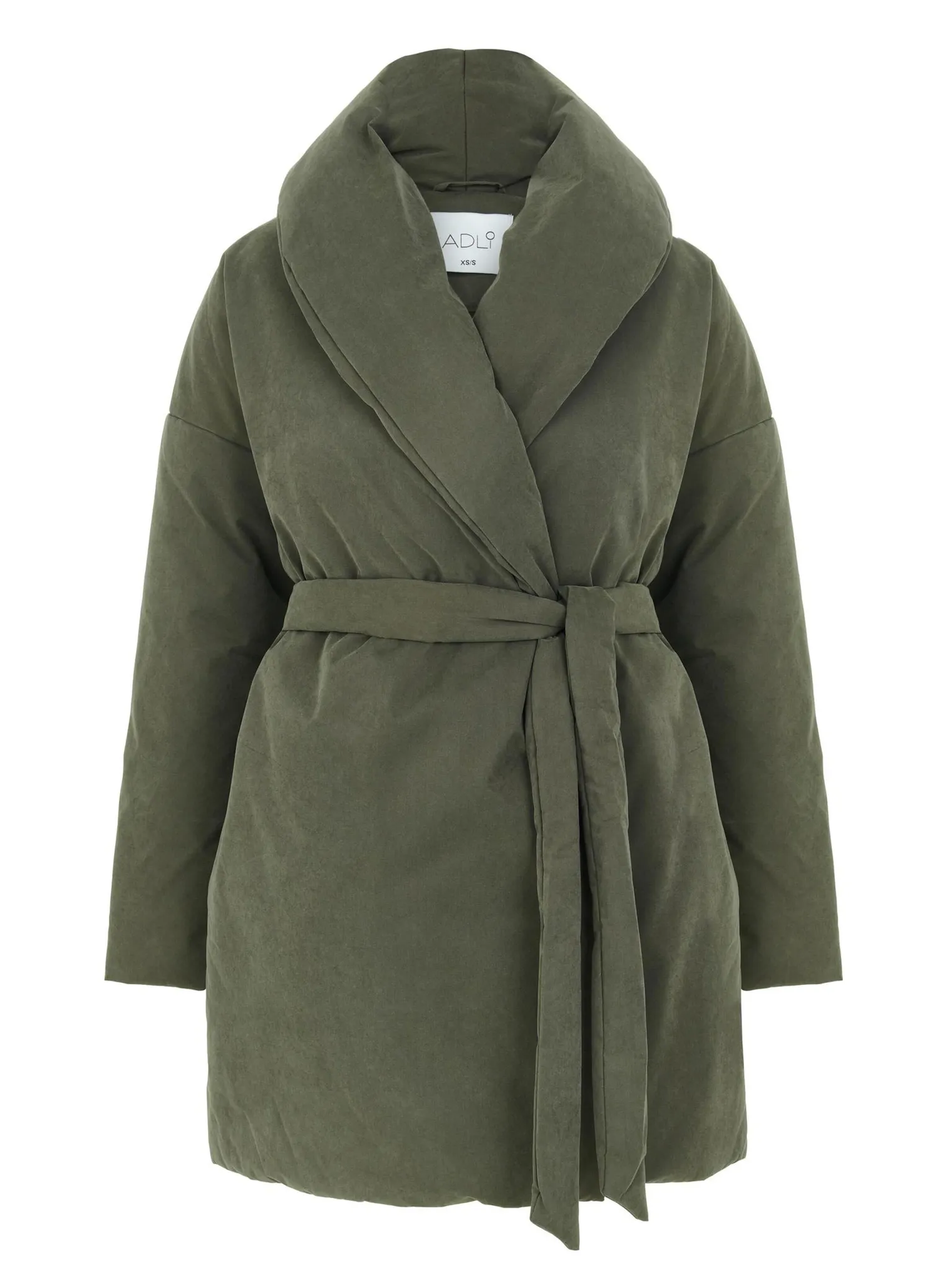 Зимнее пальто с воротником шалька с поясом цвета хаки фото 1