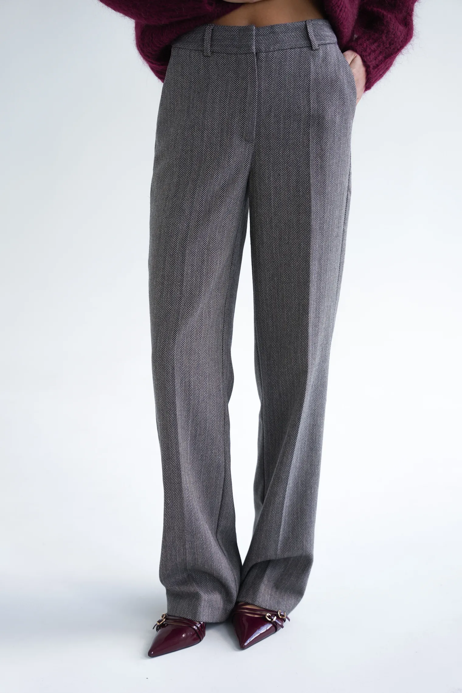 Брюки с завышенной талией прямого кроя цвета коричневый/серый в ёлочку фото 5