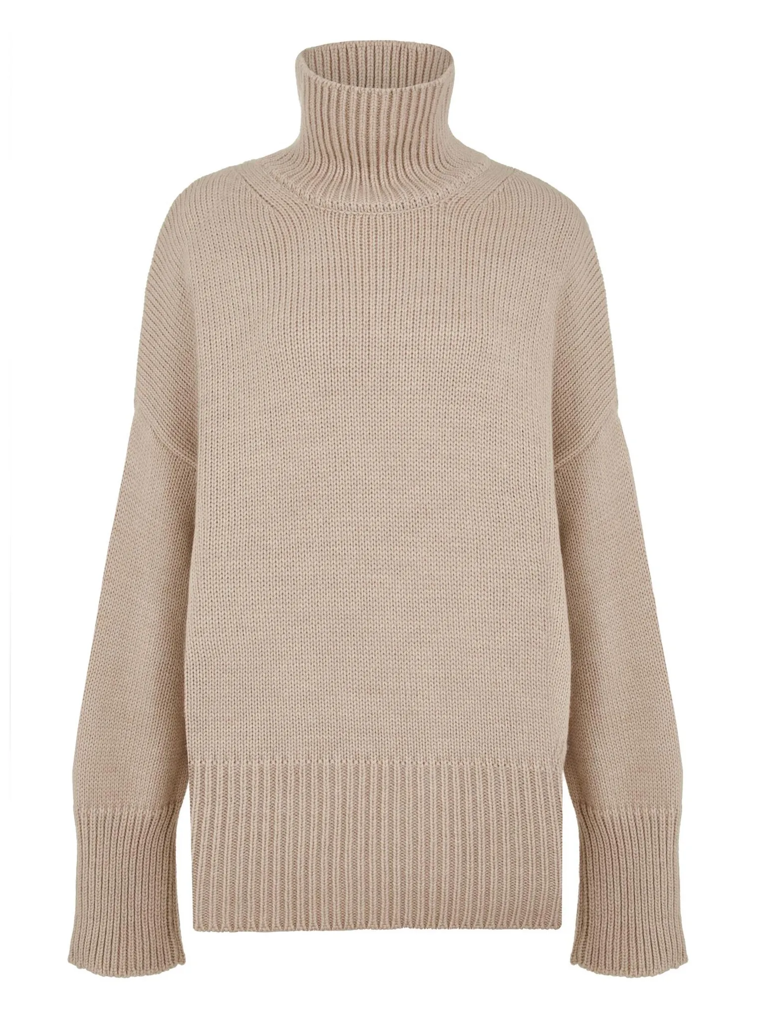 Джемпер крупной вязки с высоким воротником светло-бежевого цвета фото 1