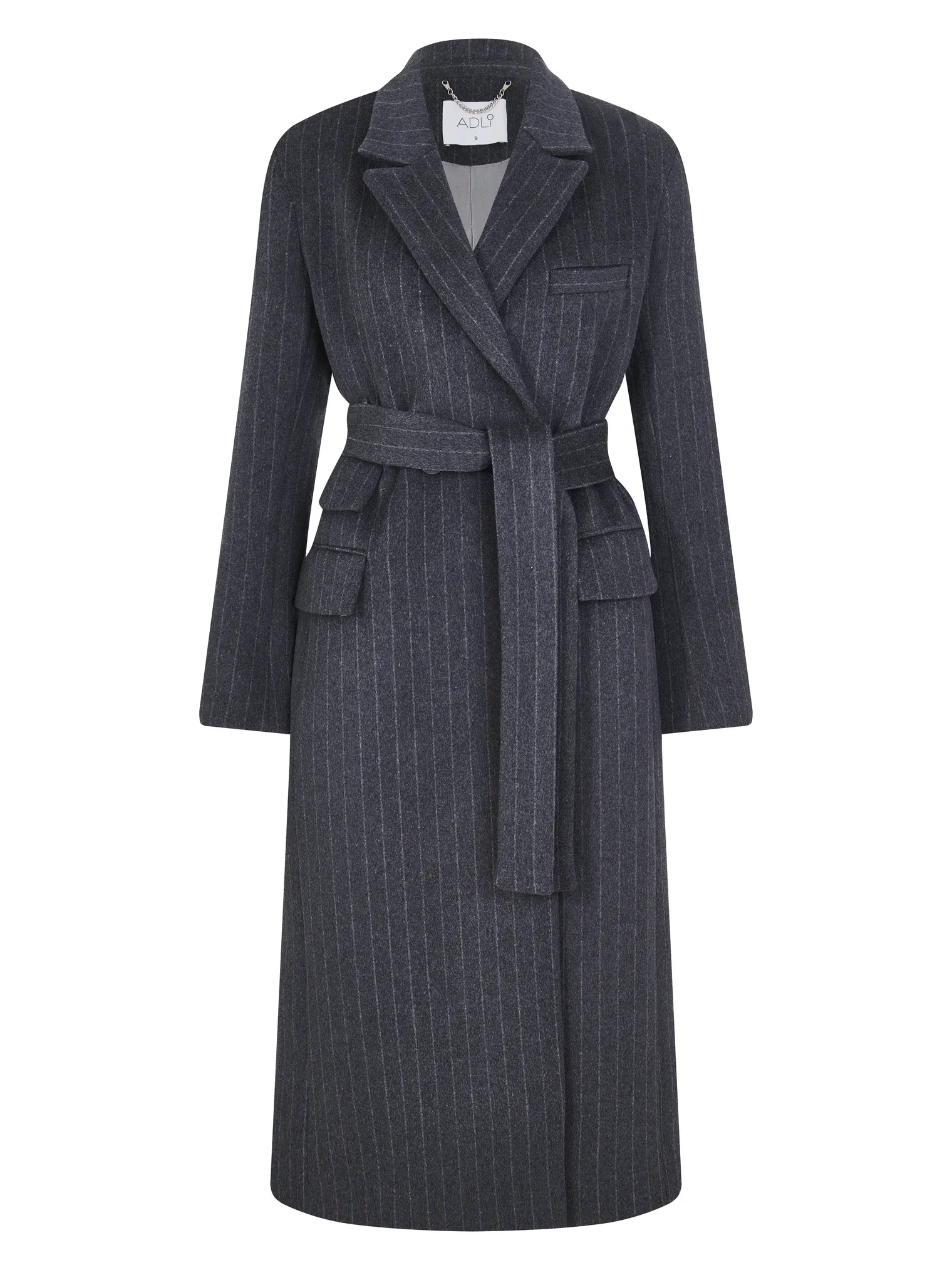 Пальто прямого кроя с карманами и поясом графитового цвета в полоску фото 8