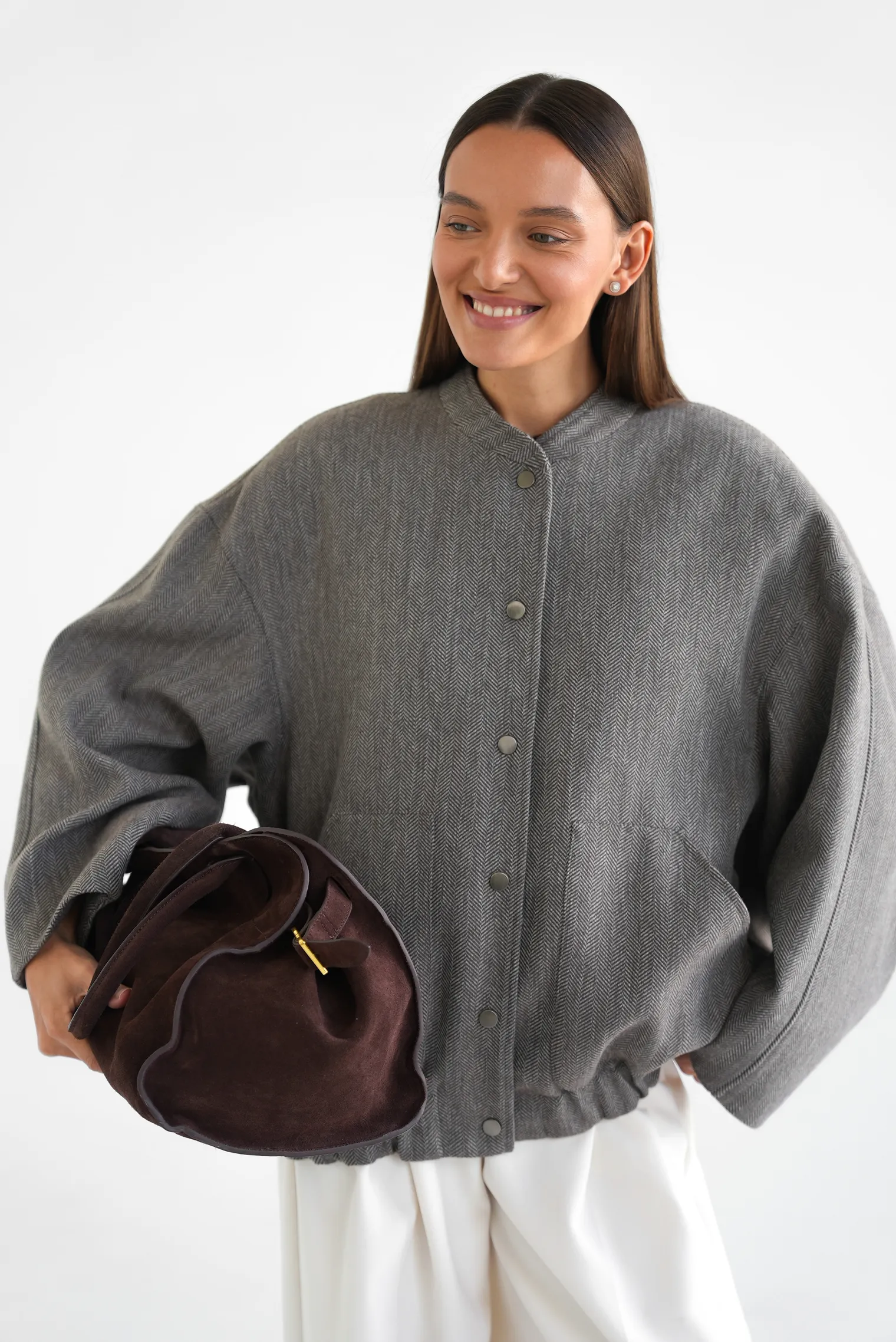 Бомбер свободного кроя из шерсти цвета коричневый/серый в ёлочку фото 1