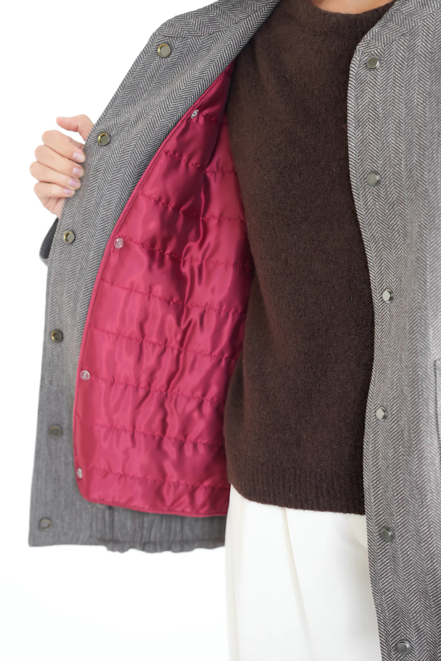 Бомбер свободного кроя из шерсти цвета коричневый/серый в ёлочку фото 5