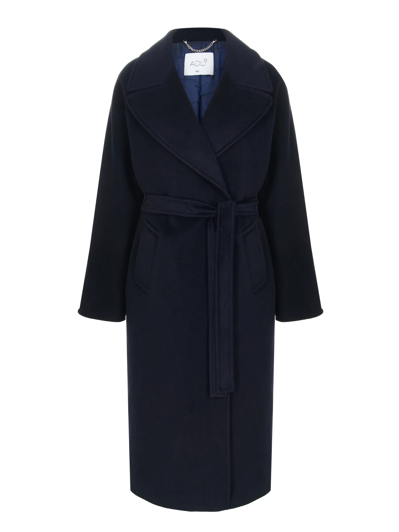 Зимнее пальто-халат с цельнокройным рукавом тёмно-синего цвета фото 1