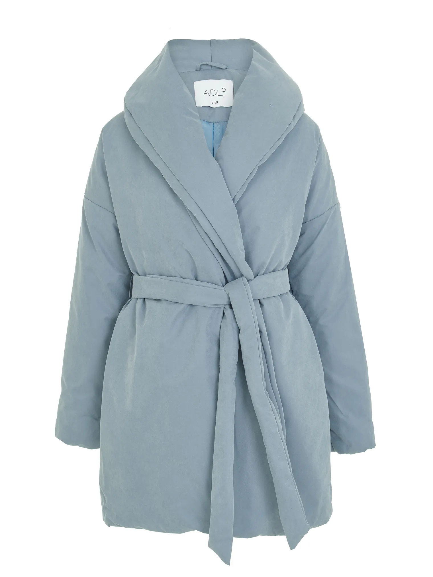 Зимнее пальто с воротником шалька с поясом голубого цвета фото 1