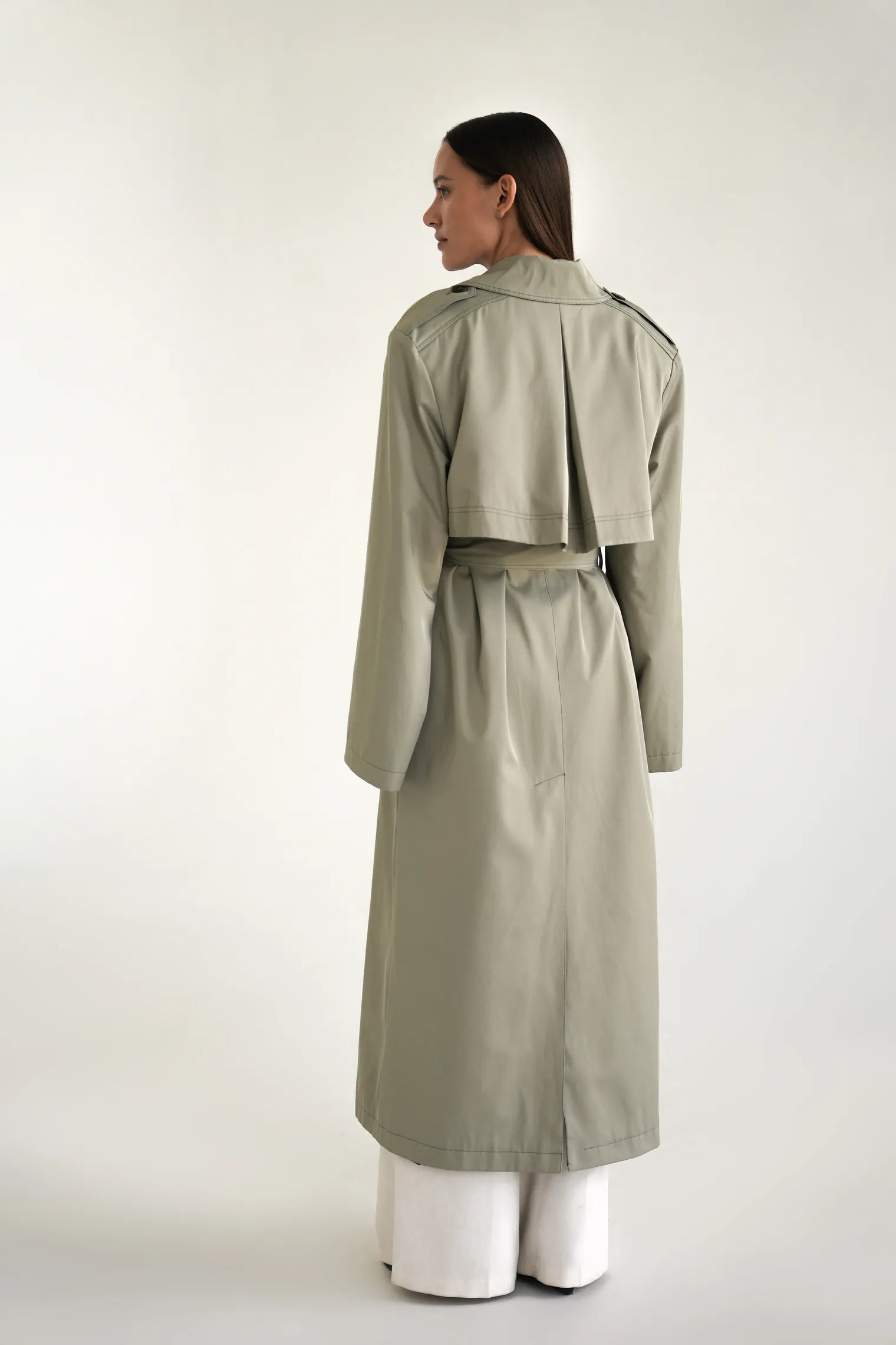 Тренч двубортный с поясом оливкового цвета фото 4