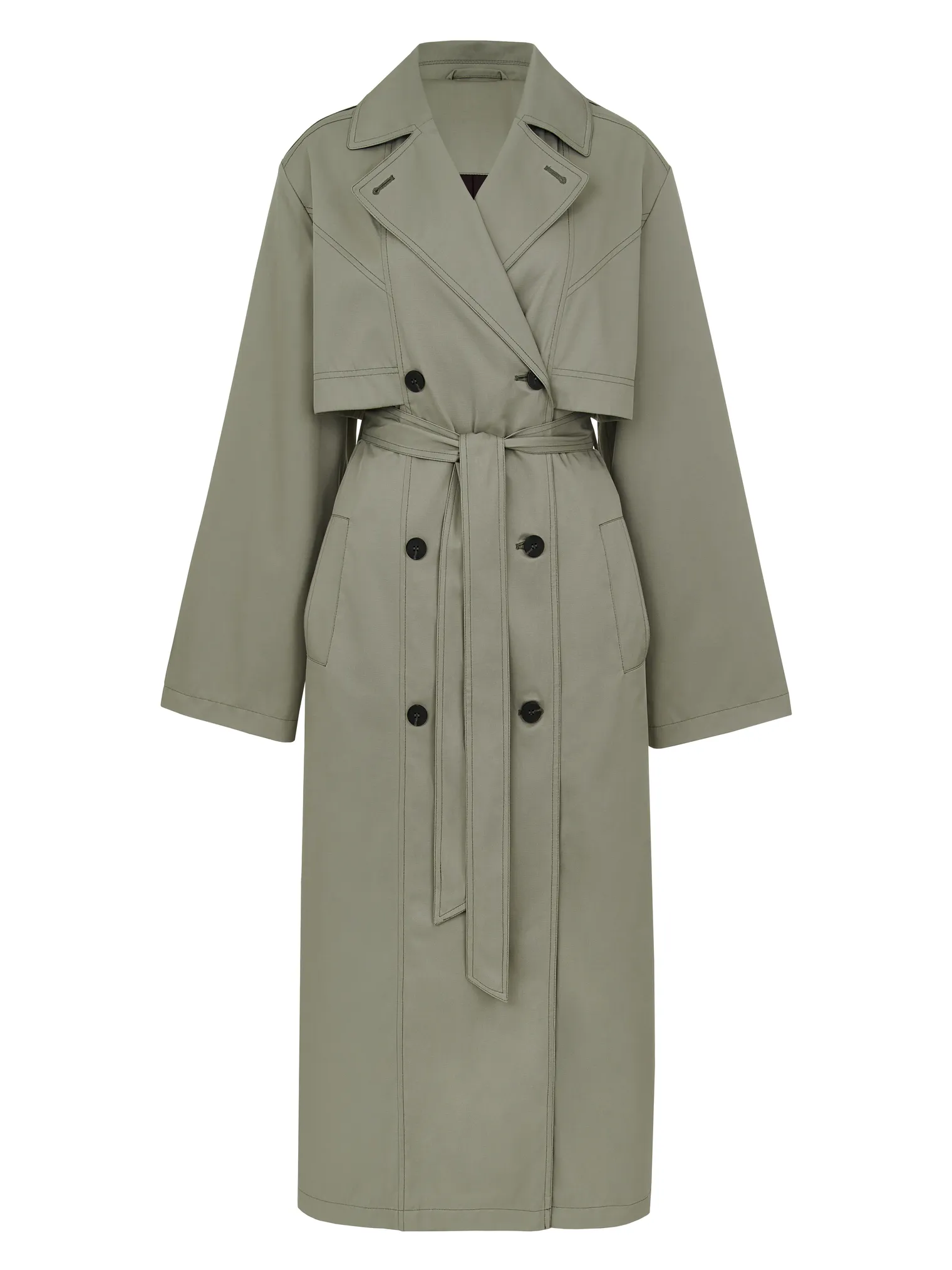 Тренч двубортный с поясом оливкового цвета фото 8