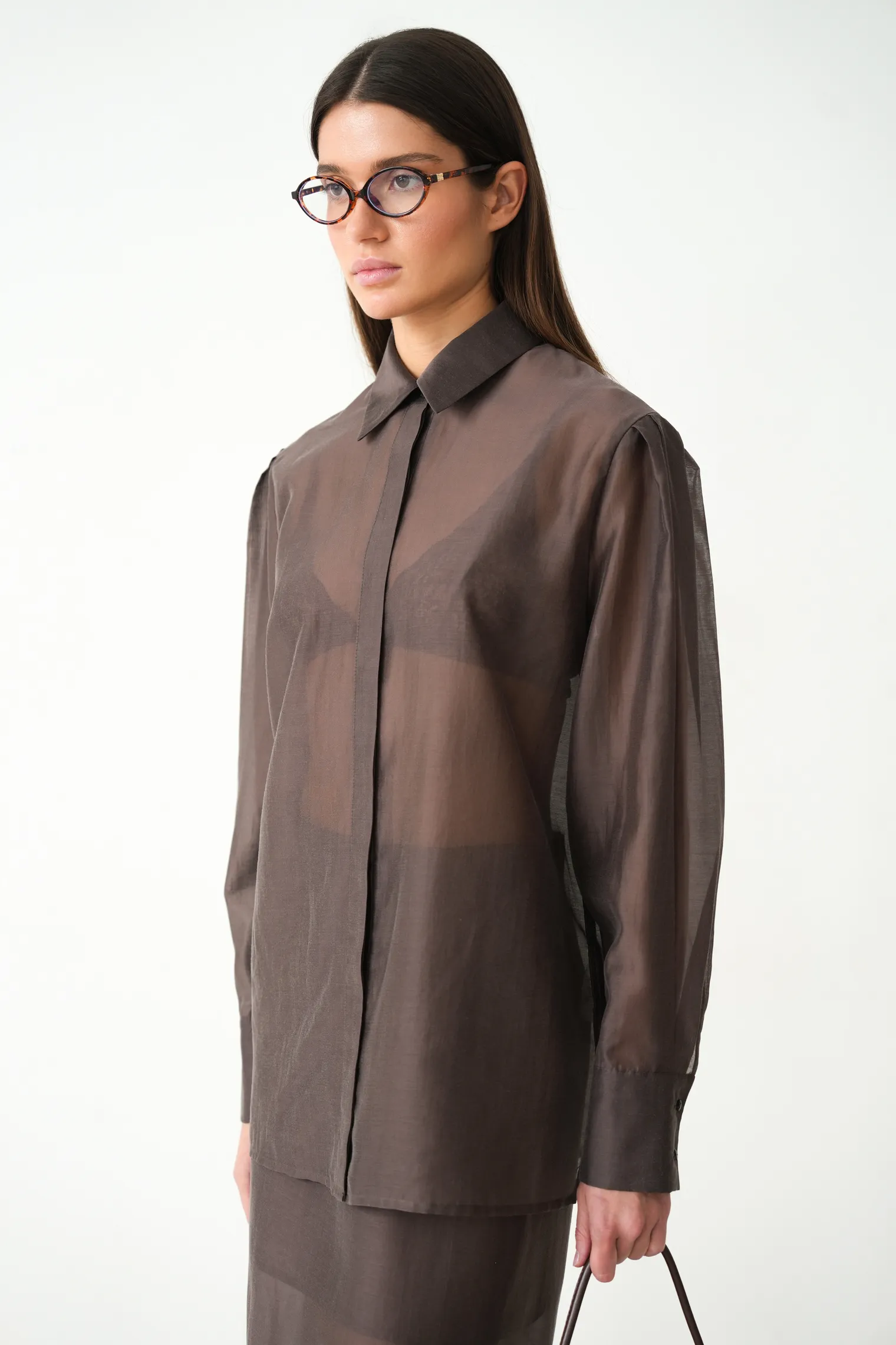 Рубашка из прозрачной ткани шоколадного цвета фото 5