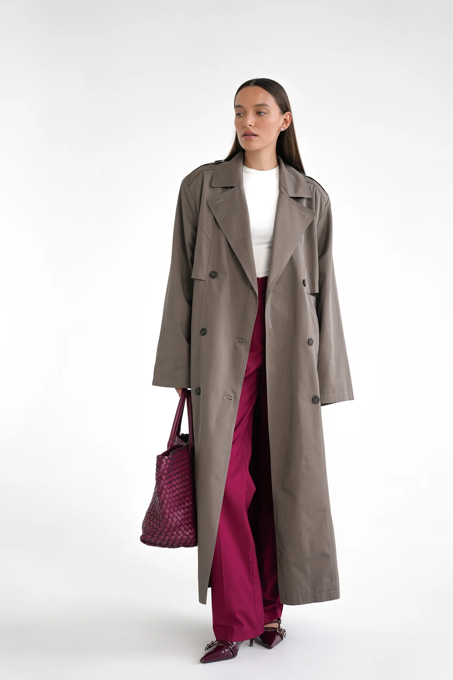 Тренч двубортный с поясом кофейного цвета фото 1