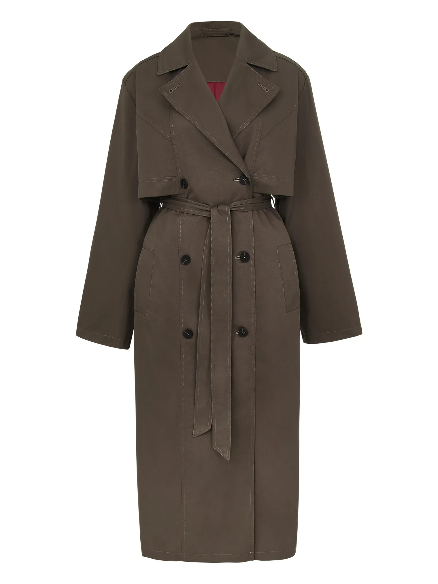 Тренч двубортный с поясом кофейного цвета фото 8