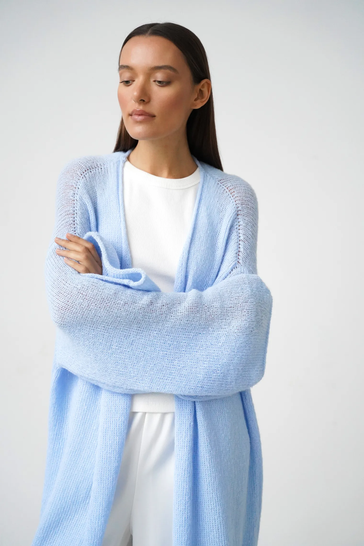 Кардиган миди ажурной вязки небесного цвета фото 5