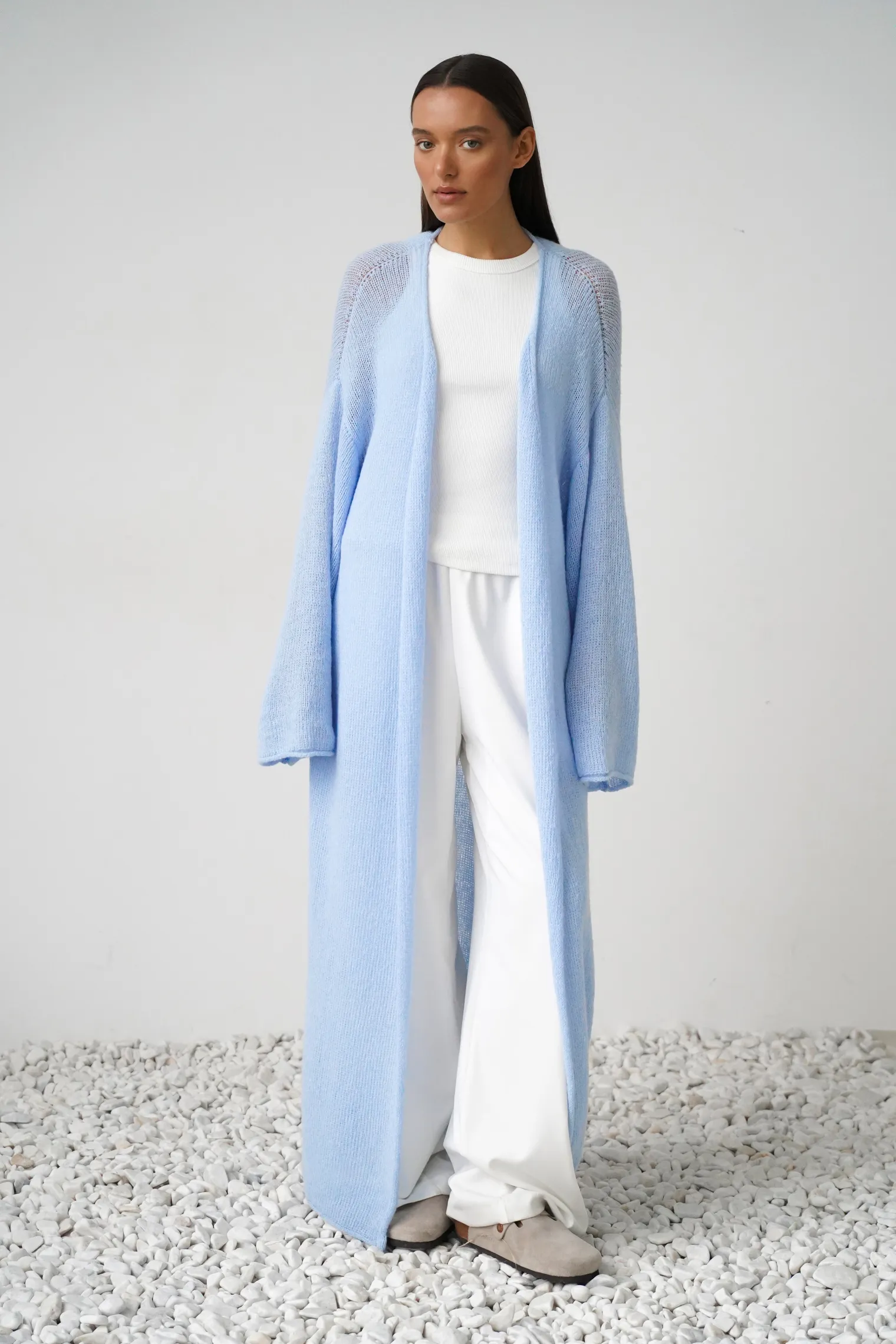 Кардиган миди ажурной вязки небесного цвета фото 3