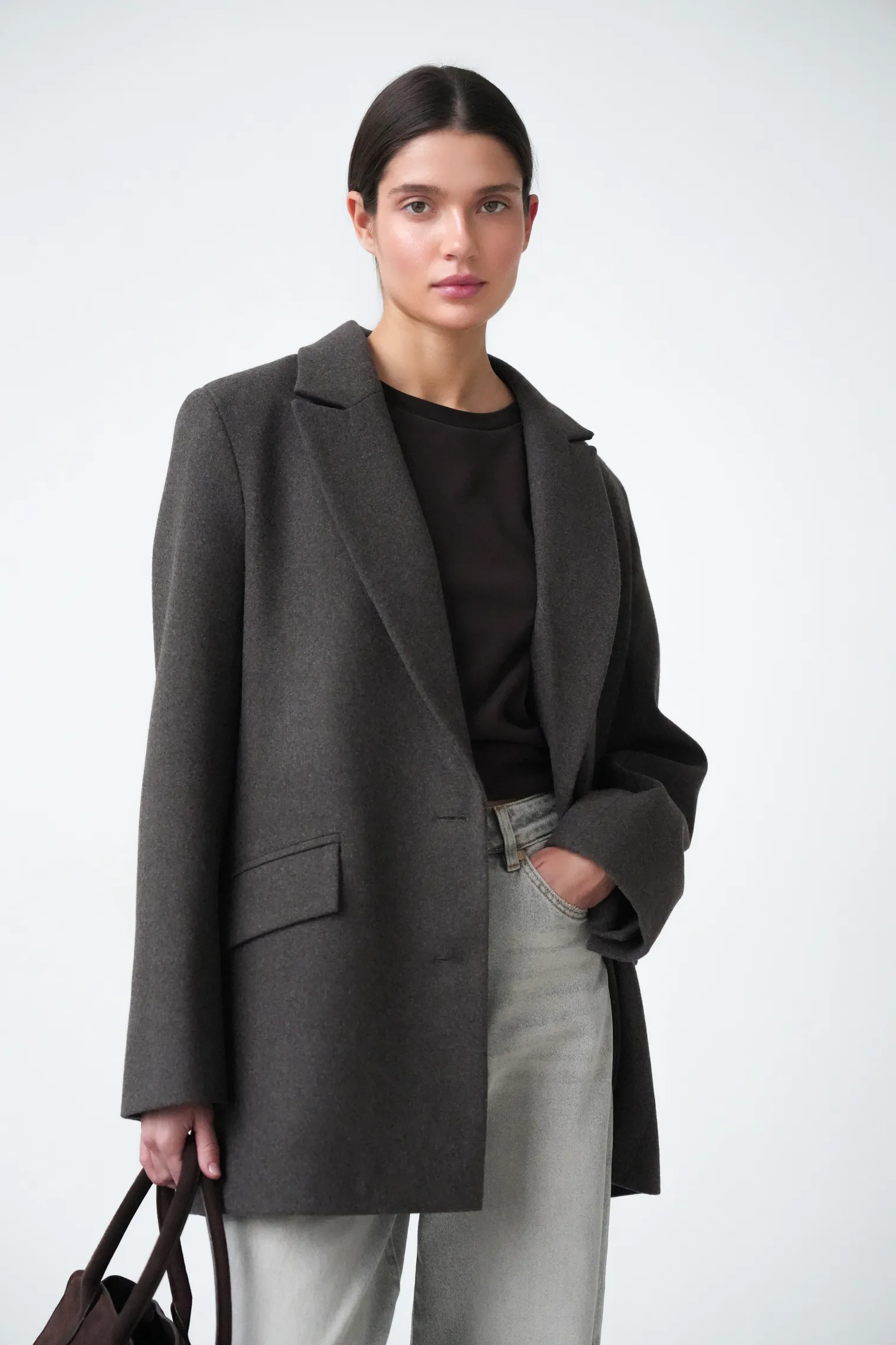 Пальто-жакет однобортное цвета шоколадный меланж фото 1