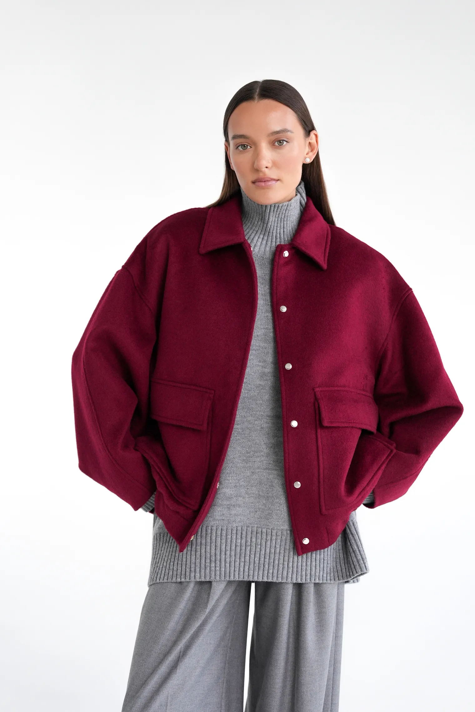 Бомбер свободного кроя из шерсти винного цвета фото 1