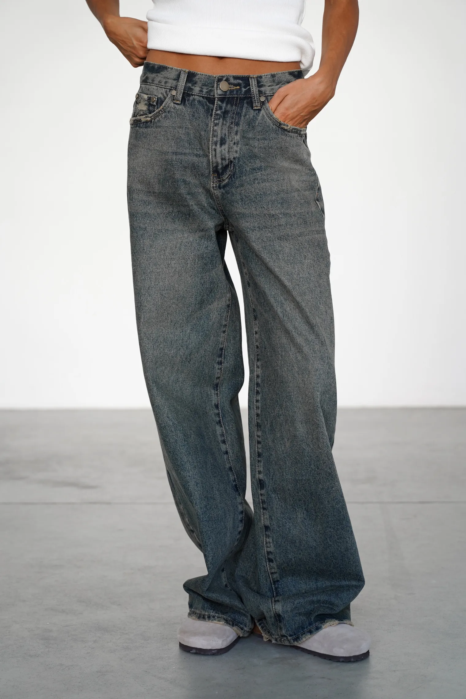 Джинсы свободного кроя в винтажном стиле синего цвета фото 5