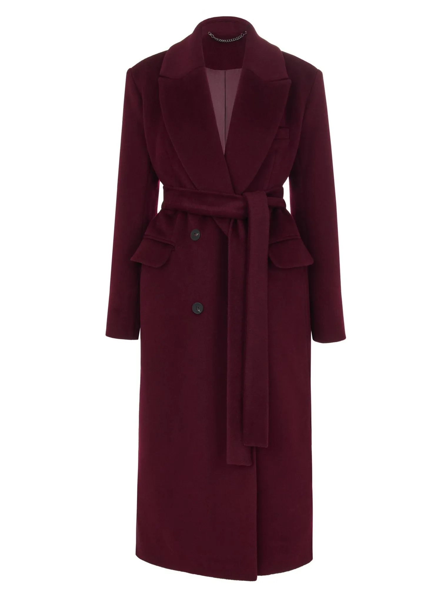 Пальто двубортное с втачным рукавом с поясом цвета бургундия фото 9