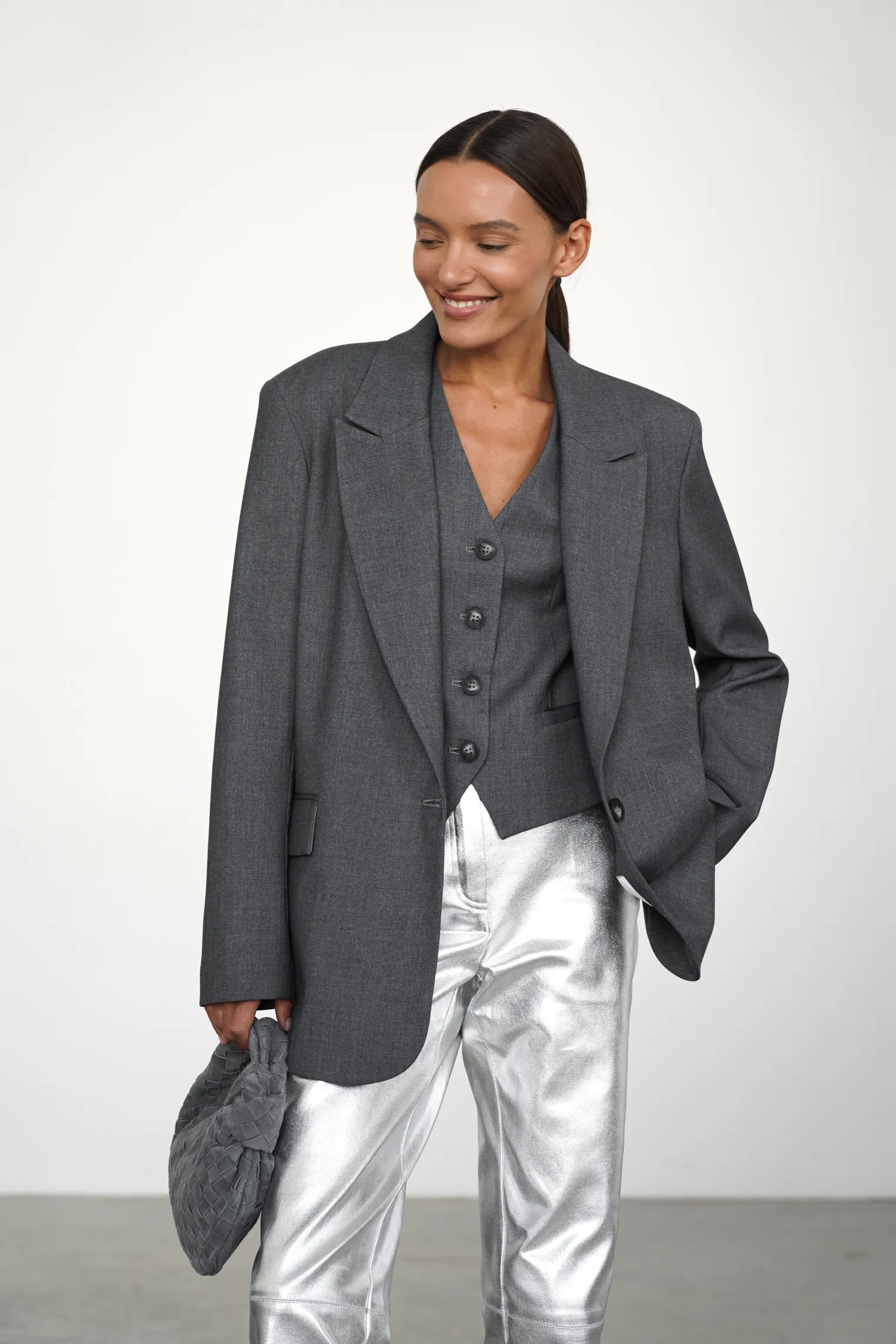 Брюки широкого кроя с завышенной талией стального цвета фото 7