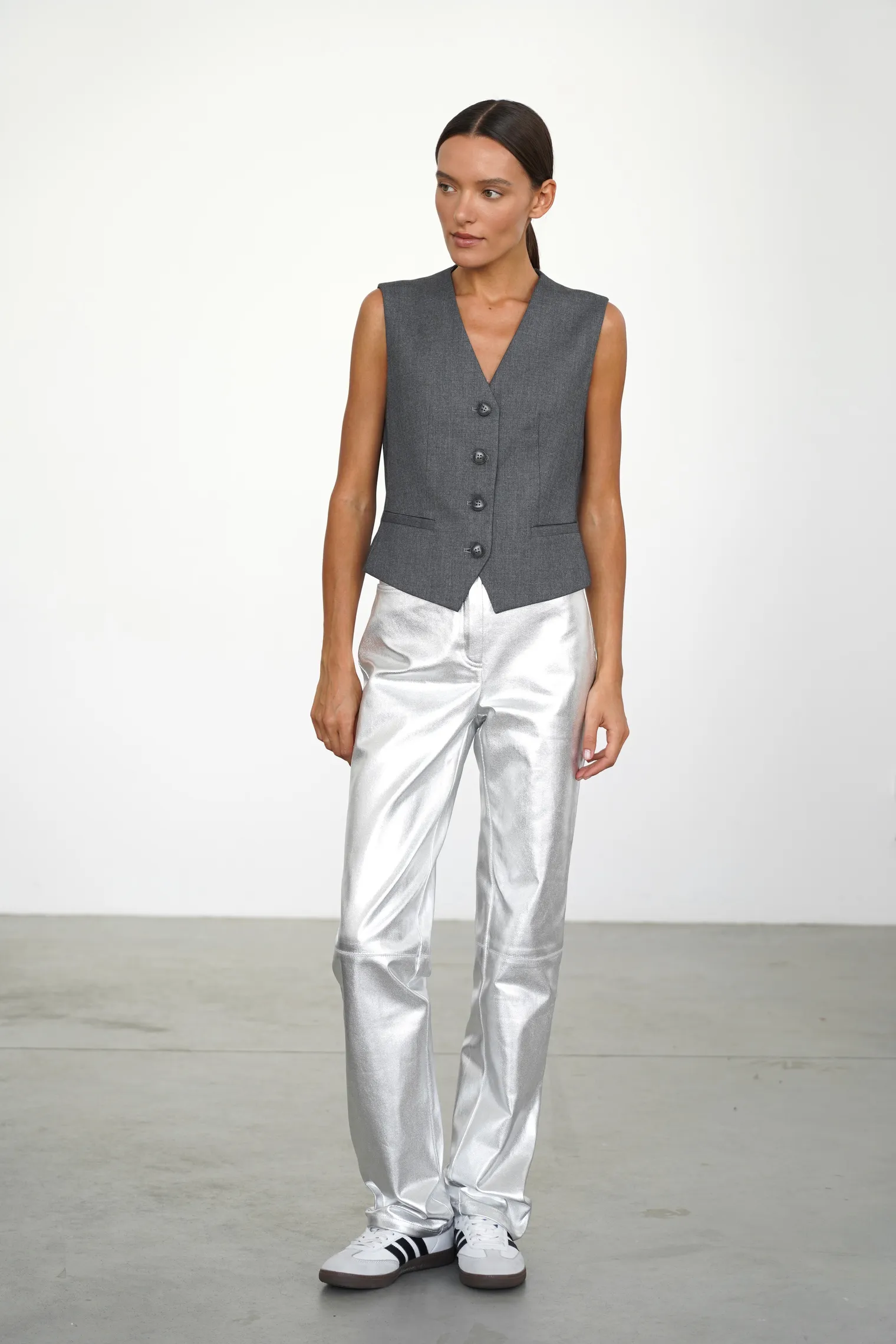 Брюки широкого кроя с завышенной талией стального цвета фото 5