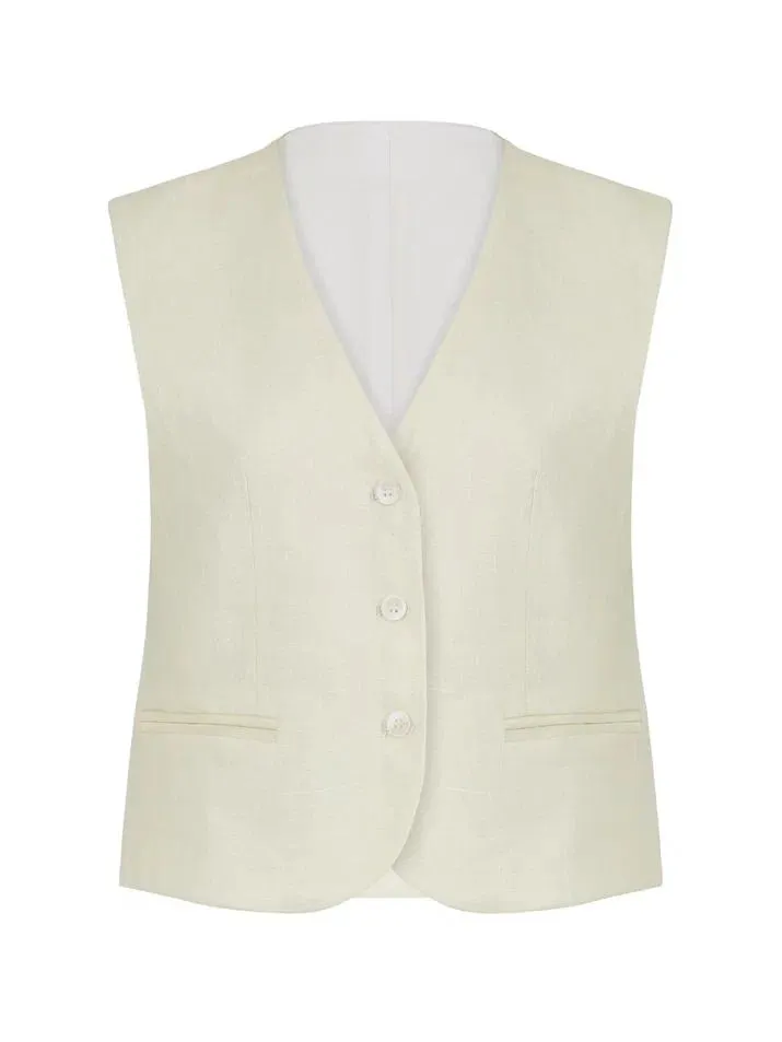 Однобортный жилет с пуговицами изо льна цвета тофу фото 9