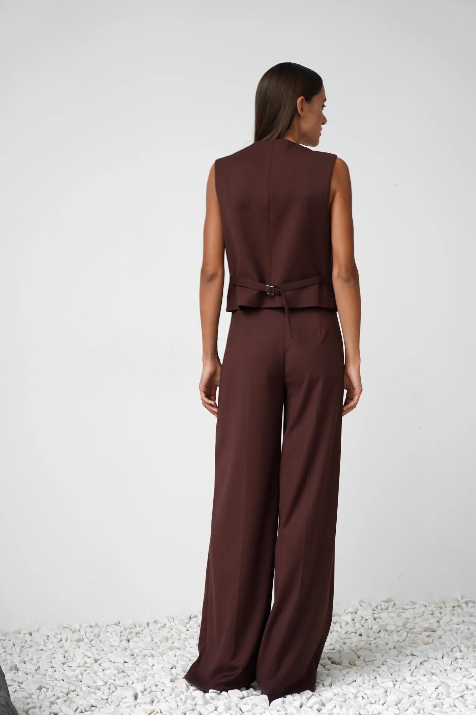 Брюки широкого кроя с завышенной талией со складками цвета горький шоколад фото 7