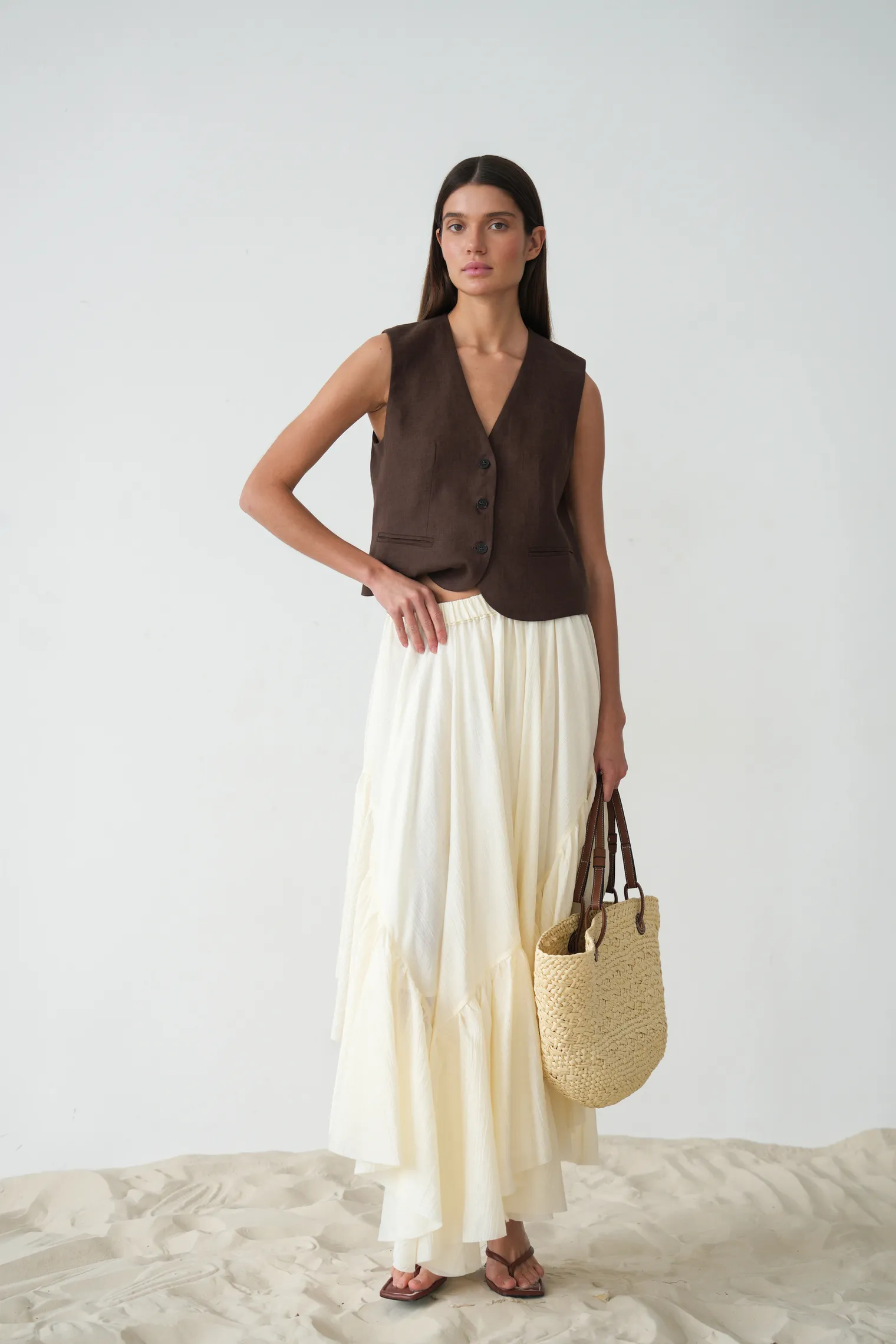 Юбка миди с воланами молочного цвета фото 5